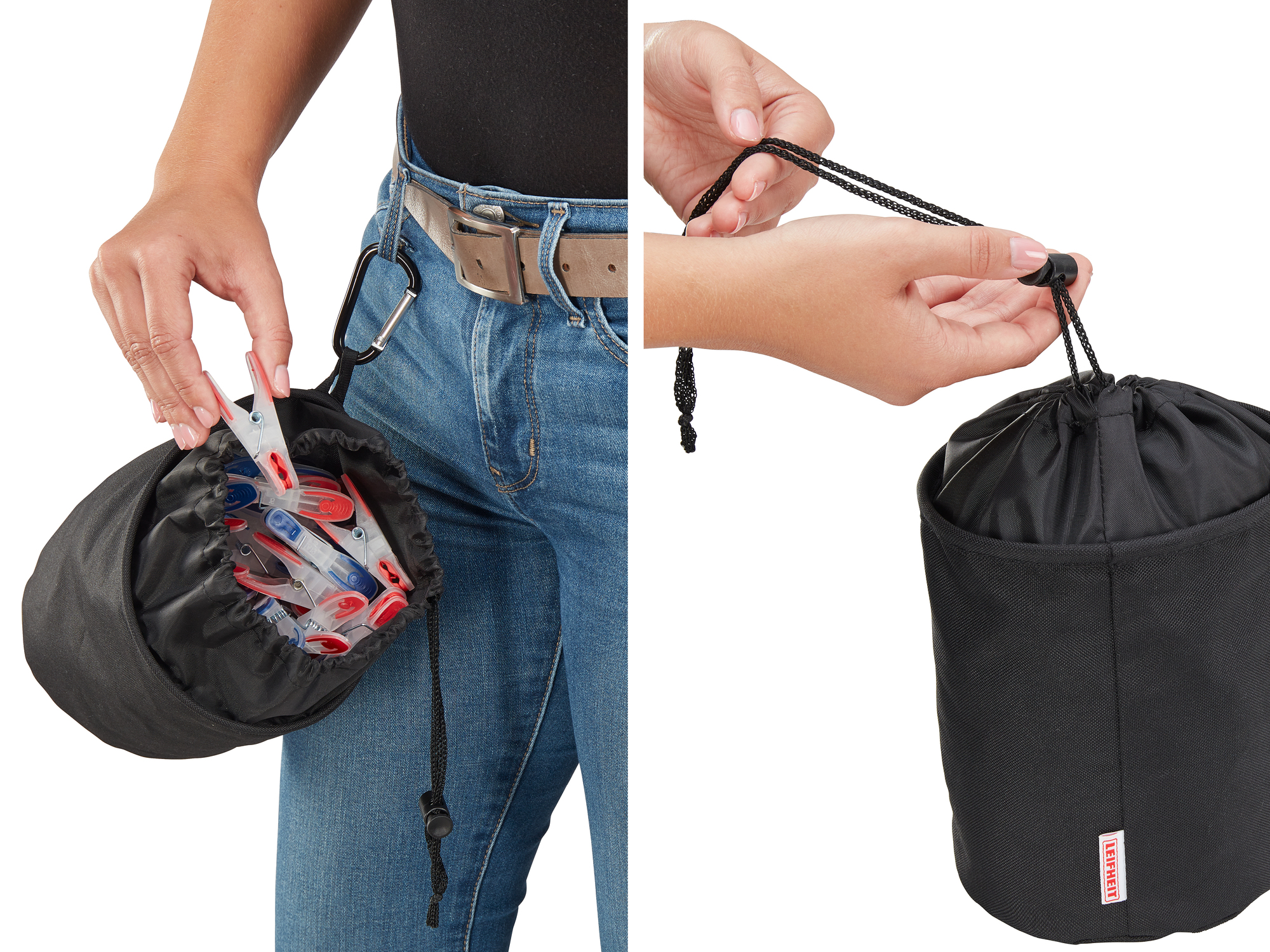 Person befüllt eine schwarze Tasche mit Wäscheklammern. Zugband wird geschlossen.