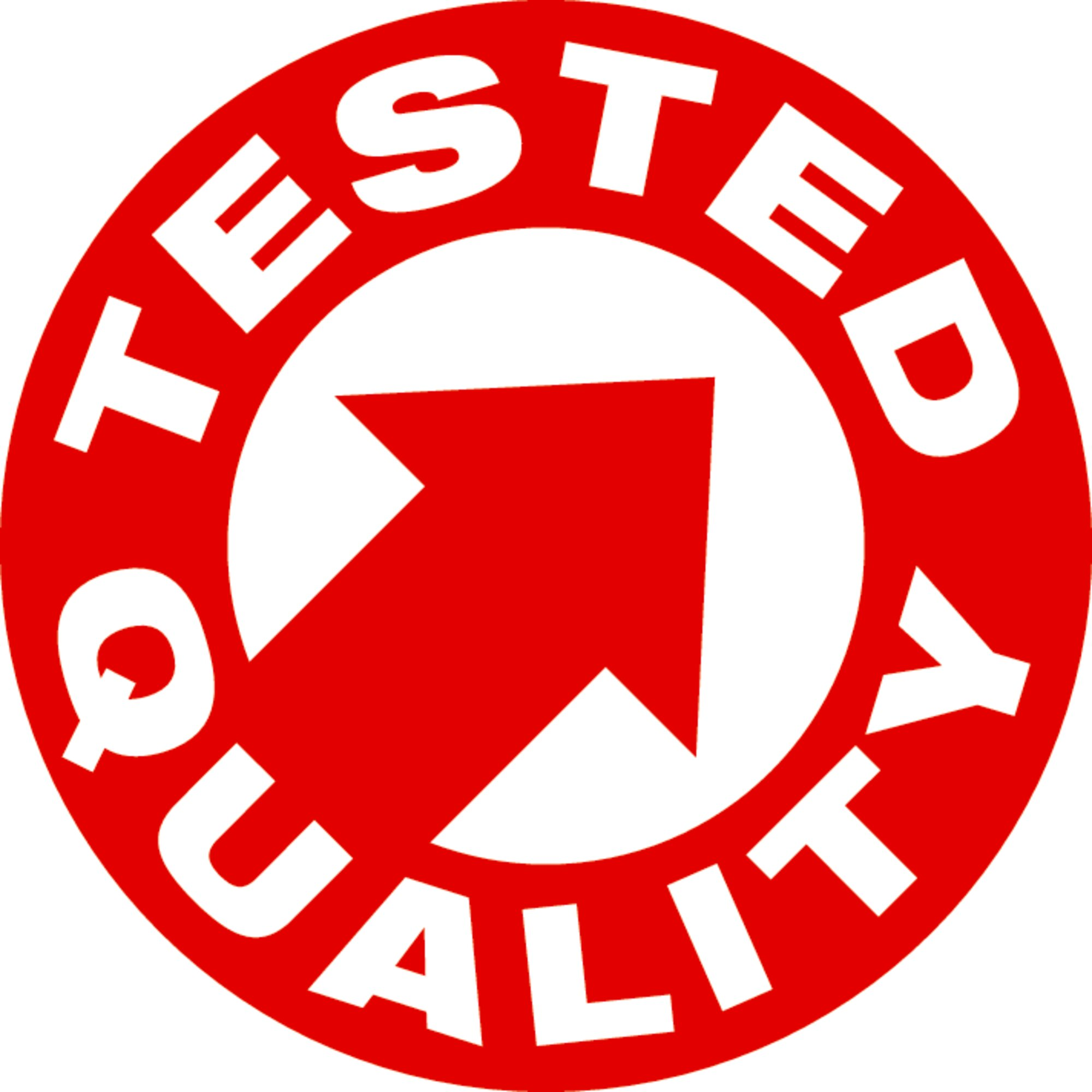 Roter Kreis mit weißem Pfeil und Text: Getestete Qualität.