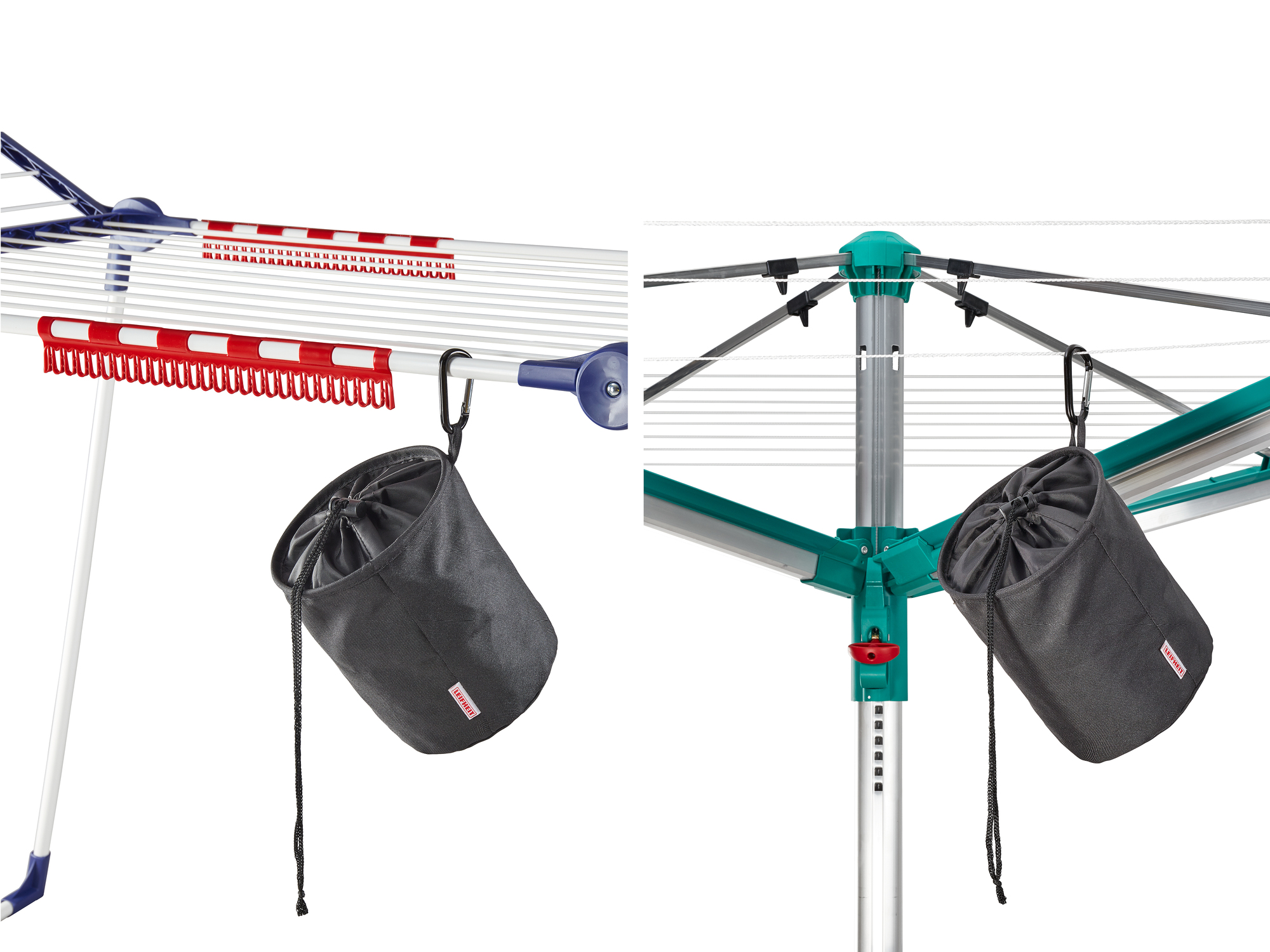 Zwei Wäschespinnen mit grauer Tasche, eine weiß/blau, die andere türkis/grau.