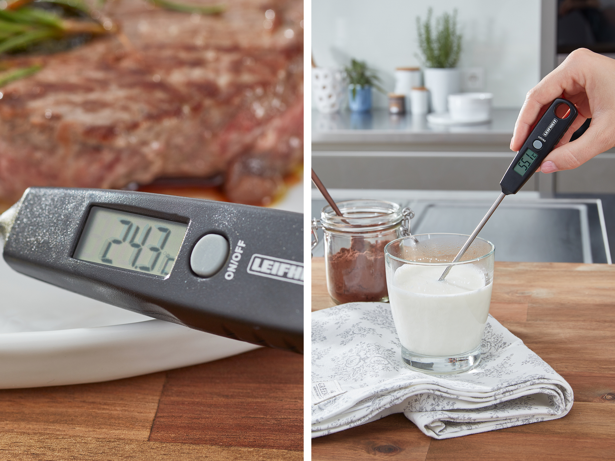 Un termometro per carne misura la temperatura di carne e latte.