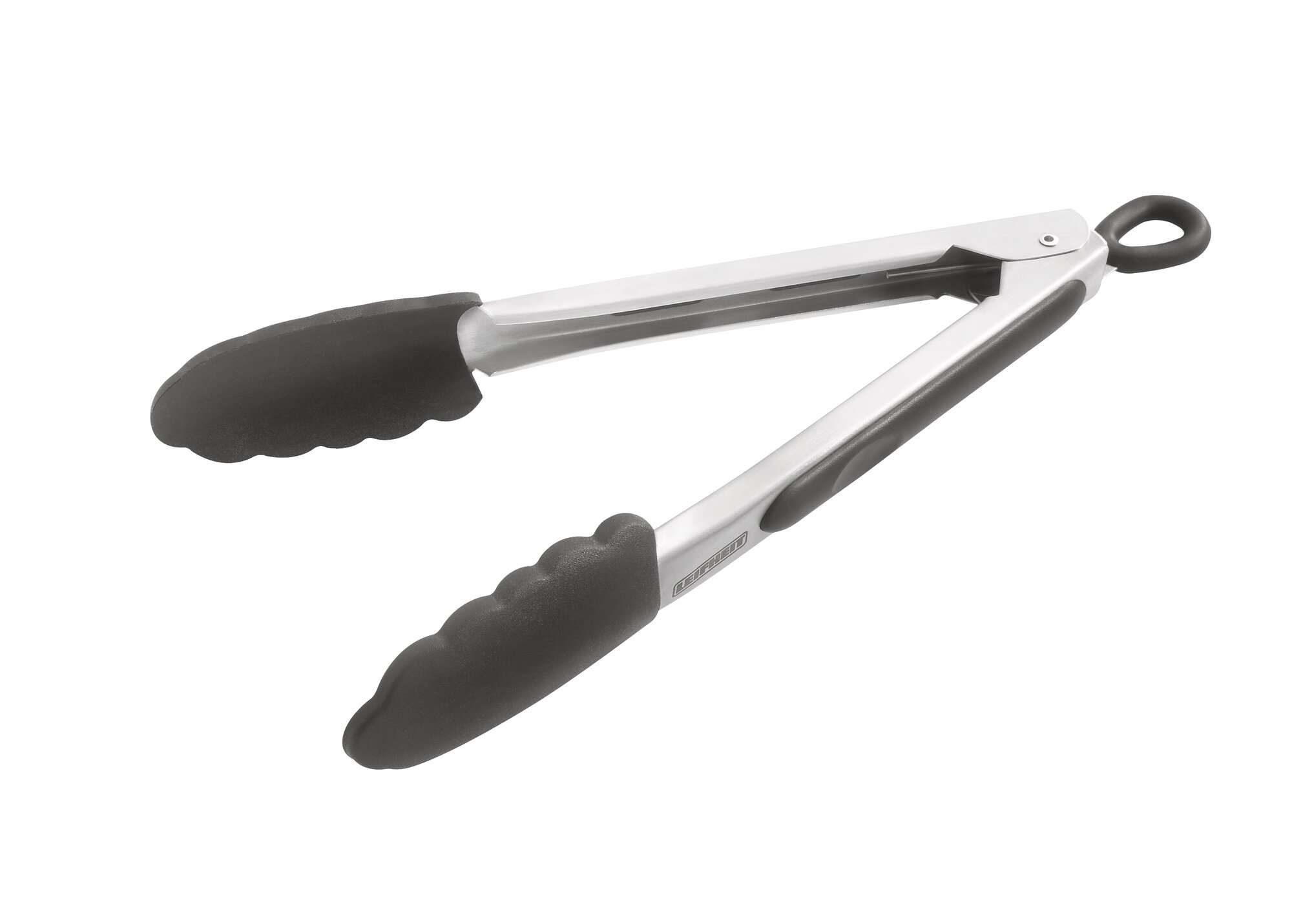 Pinze da cucina in metallo con punte in silicone nero e un anello.