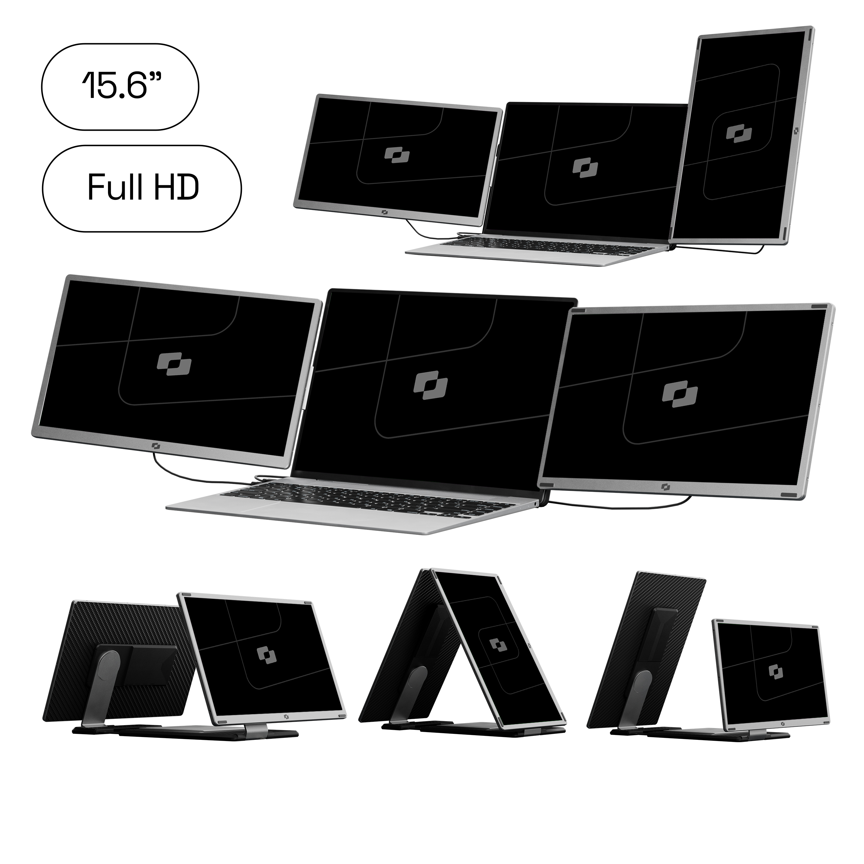 Plusieurs ordinateurs portables et moniteurs dans diverses configurations.