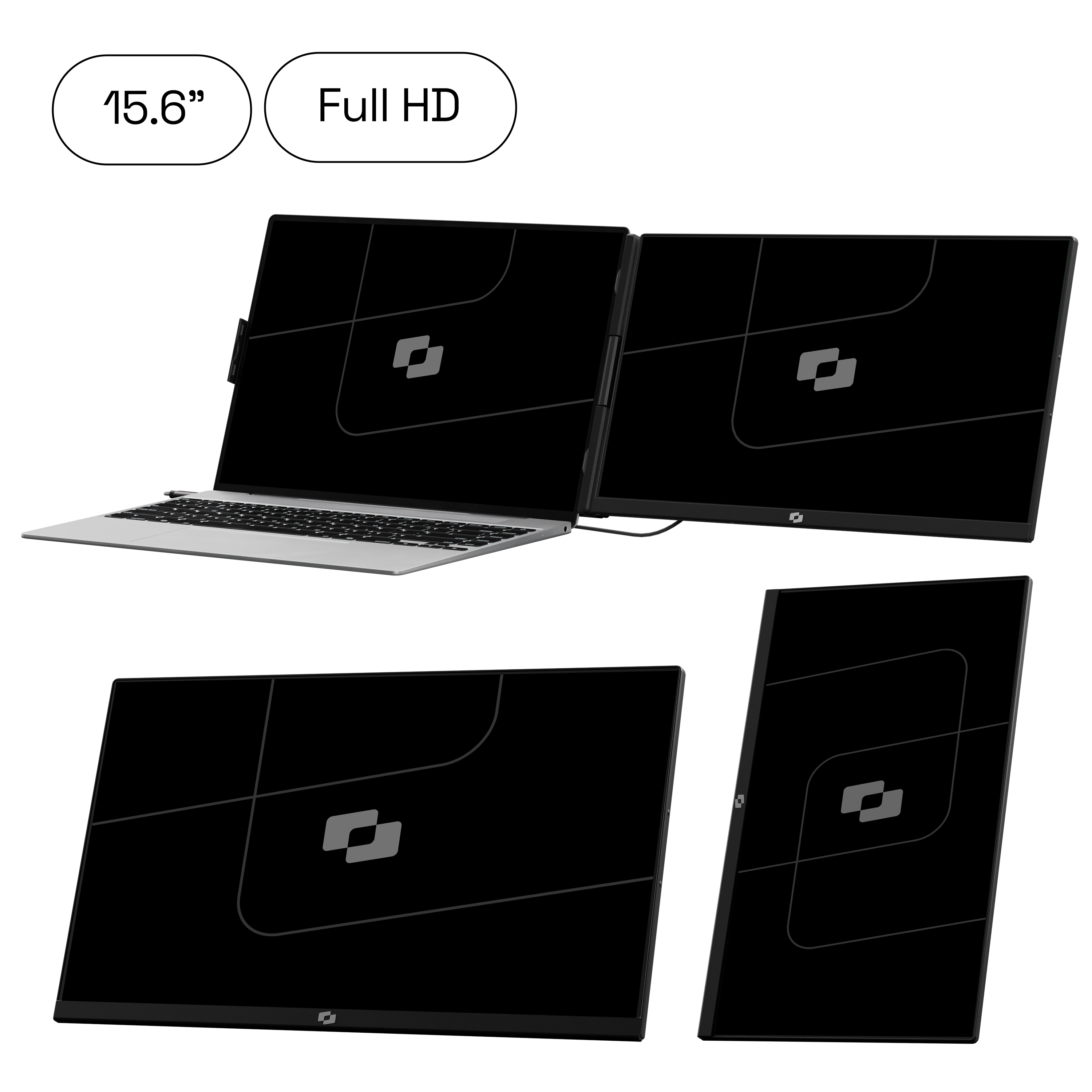 Een 15,6-inch Full HD laptop met twee extra schermen.