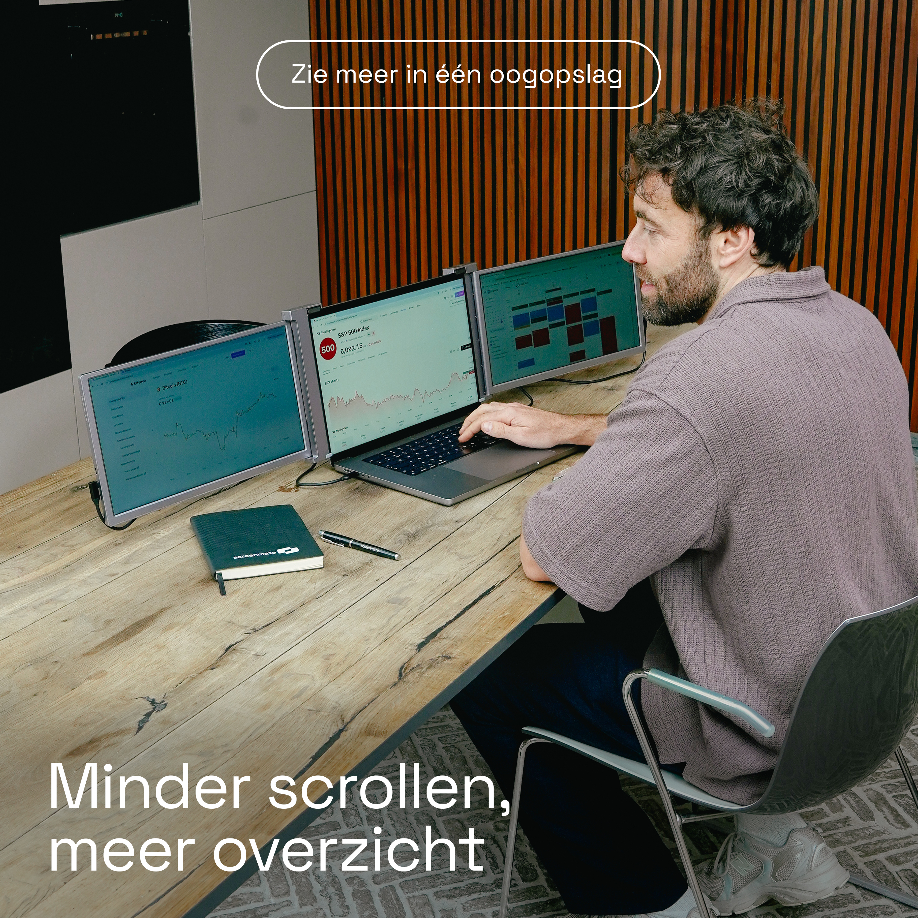 Man aan bureau met drie schermen die beursgegevens tonen.
