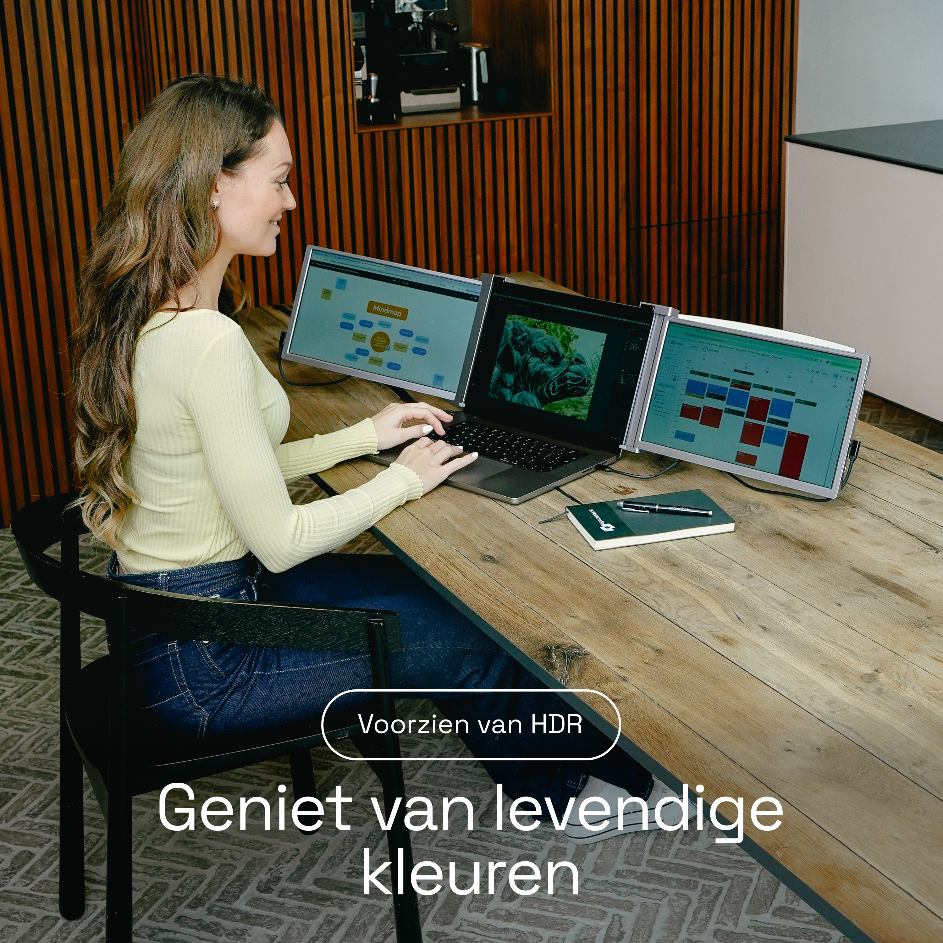 Een vrouw werkt op drie schermen. Het middelste toont een afbeelding, de andere twee grafieken.