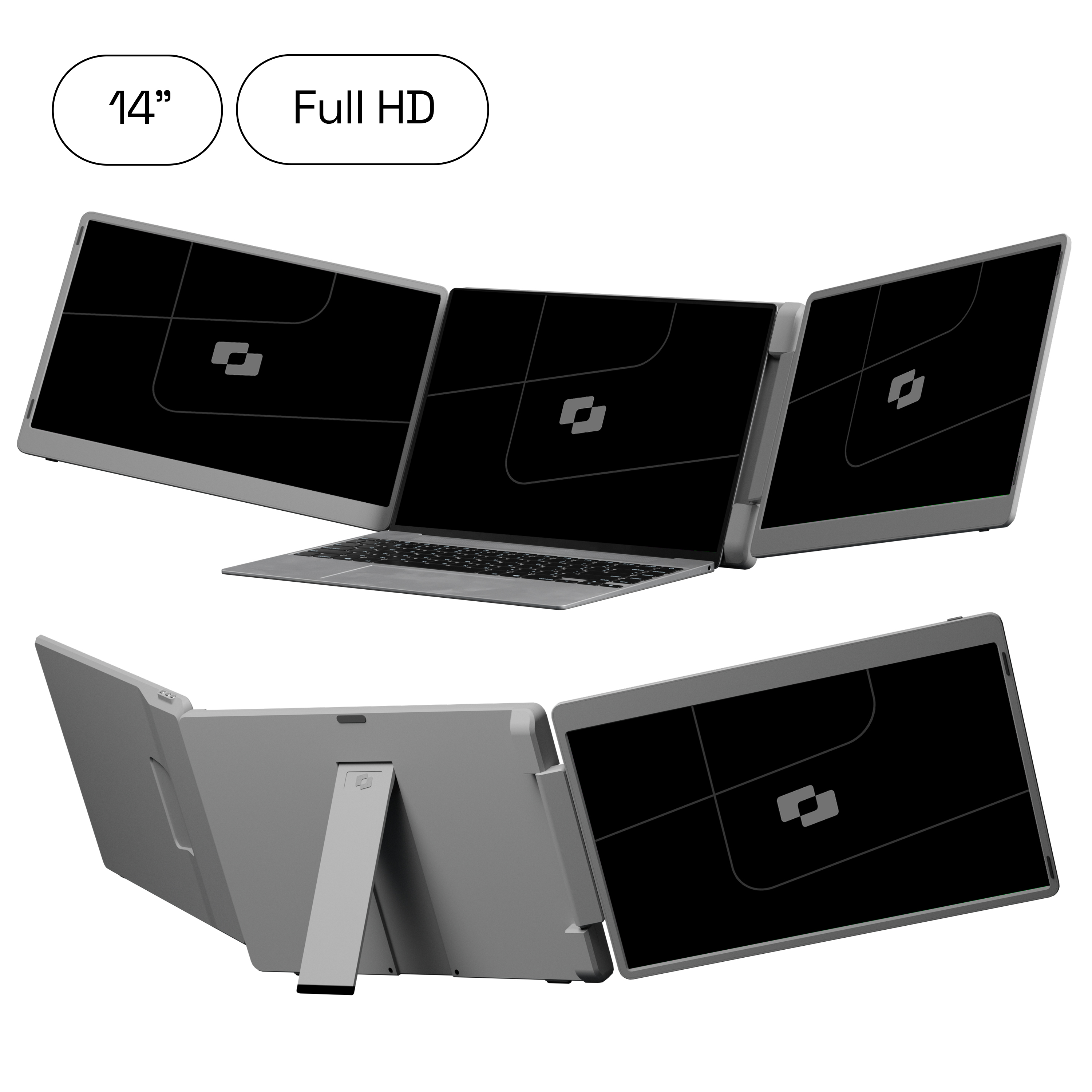 A gray laptop with three side-by-side screens. Labels: 14", Full HD.