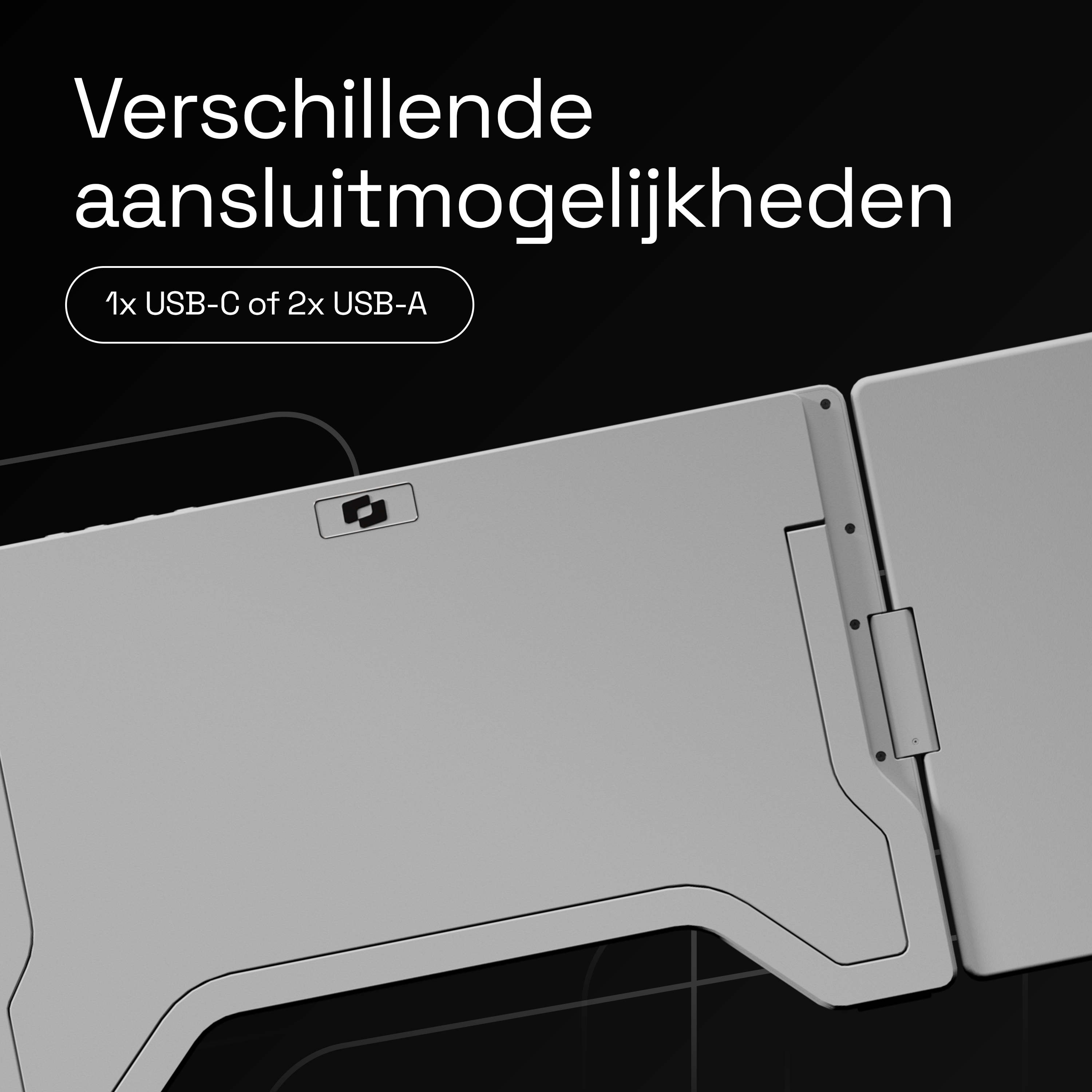 Grijs apparaat met aansluitopties: 1x USB-C of 2x USB-A.