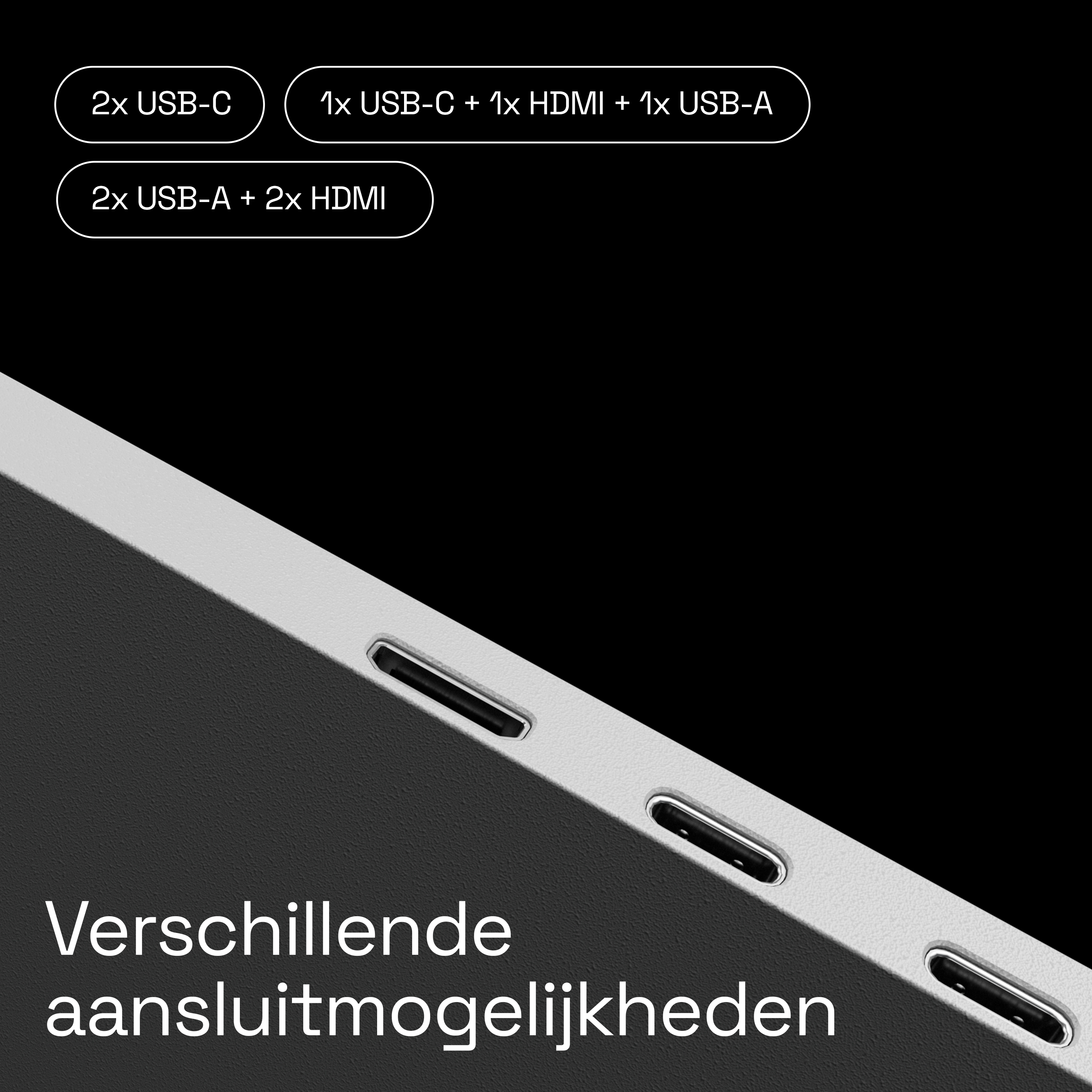 Aansluitmogelijkheden: 2x USB-C, 1x USB-C, 1x HDMI, 1x USB-A, 2x USB-A, 2x HDMI.