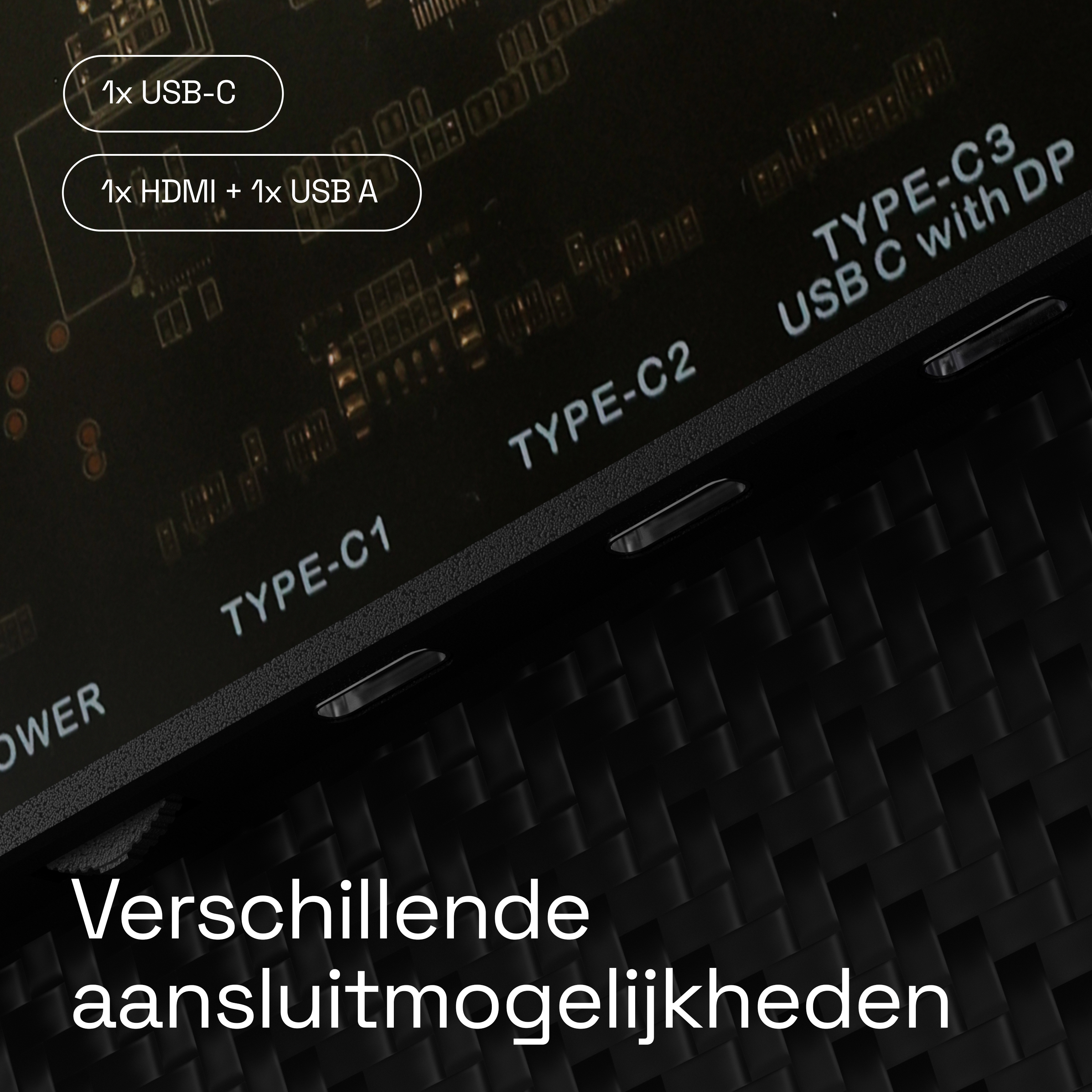 Connectiviteitsoverzicht: 1x USB-C, 1x HDMI, 1x USB-A, Type-C1, Type-C2, Type-C3 met DP.