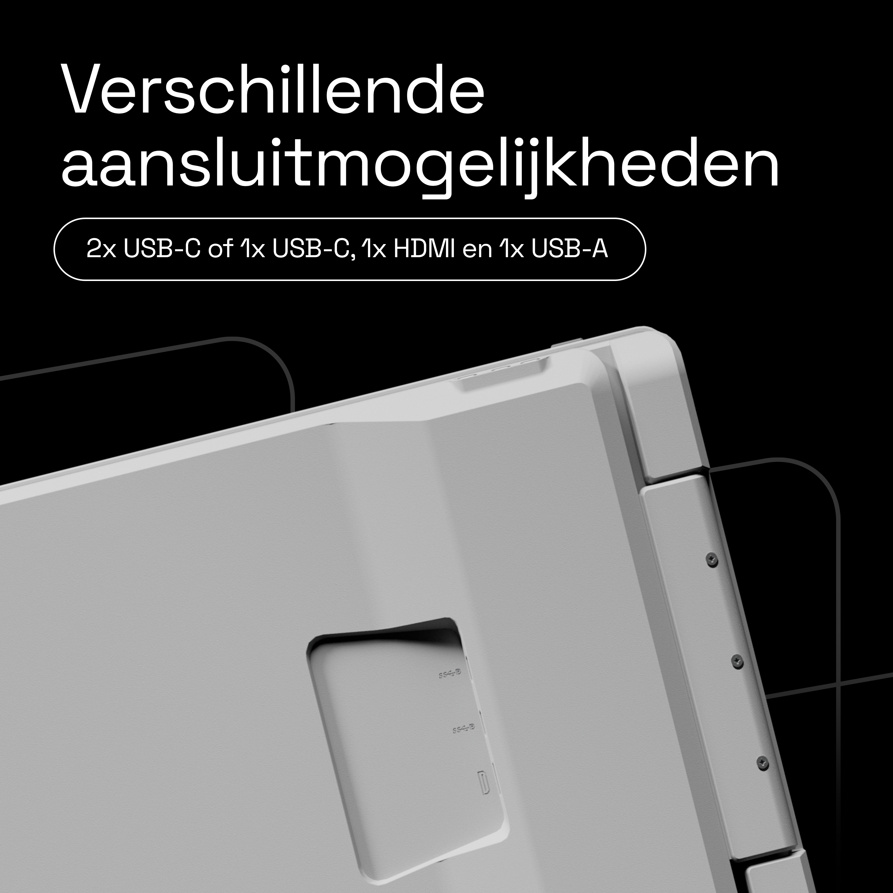 A laptop with various ports: 2x USB-C, 1x HDMI, 1x USB-A.