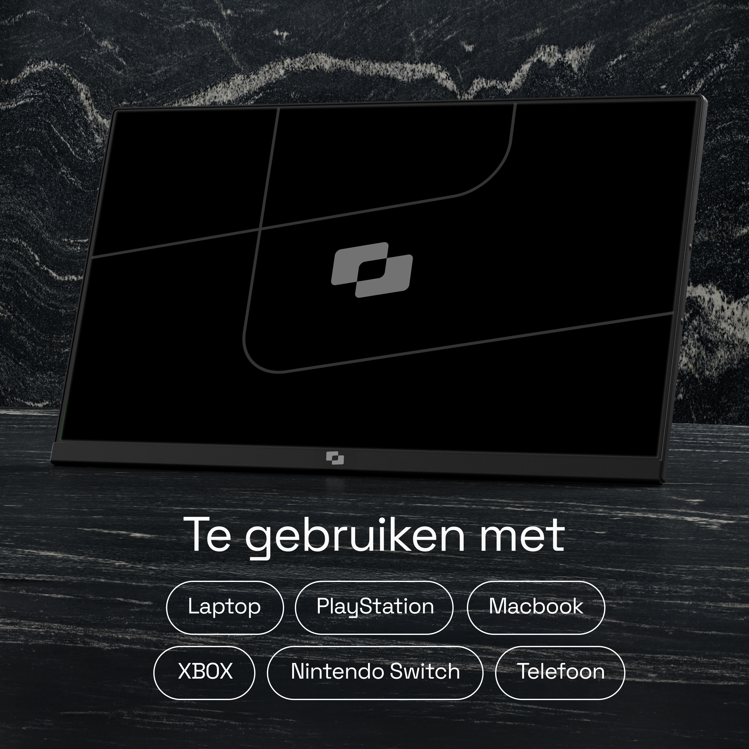 Een zwarte monitor met een logo in het midden op een donkere marmeren tafel.