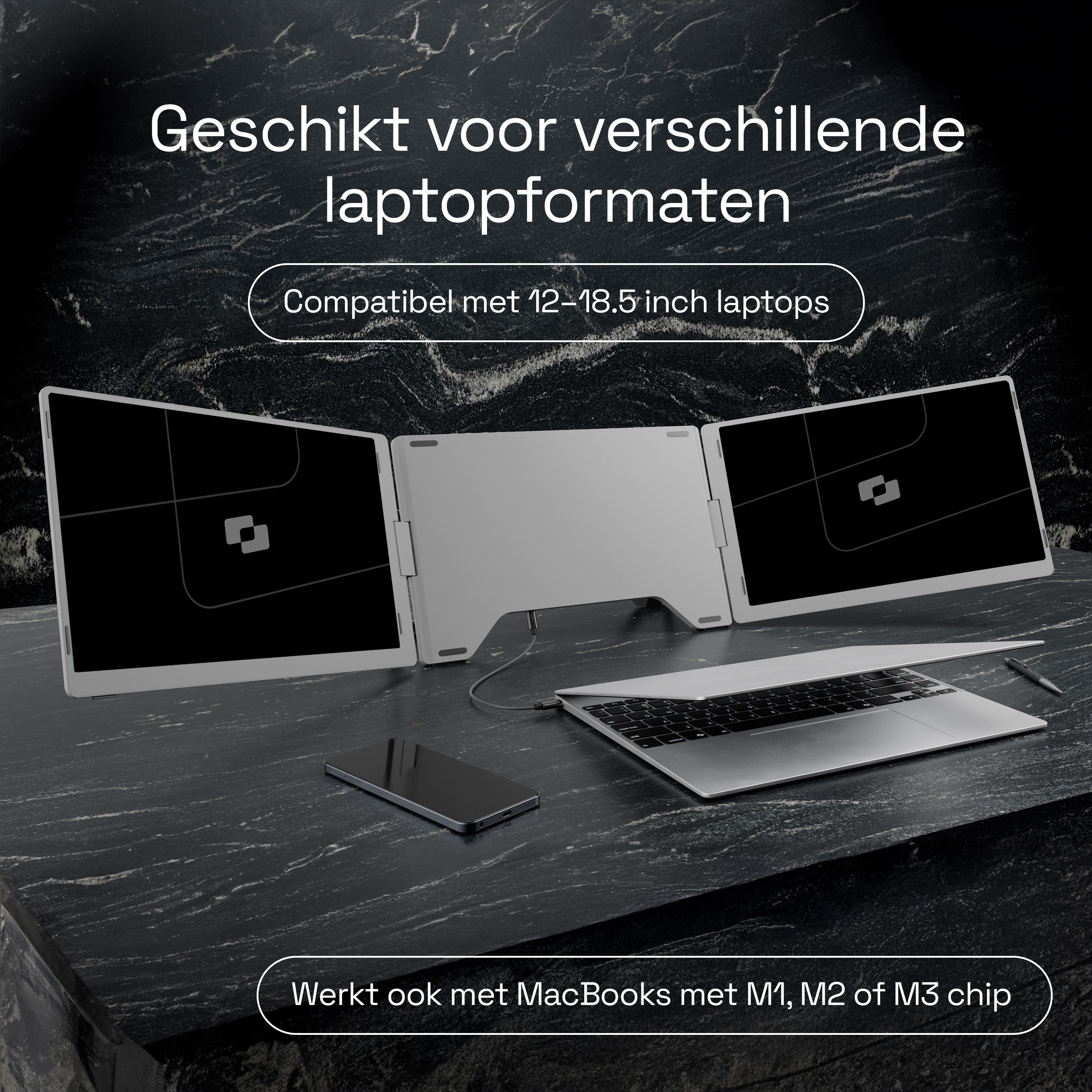 Een laptop met twee extra schermen en een smartphone.