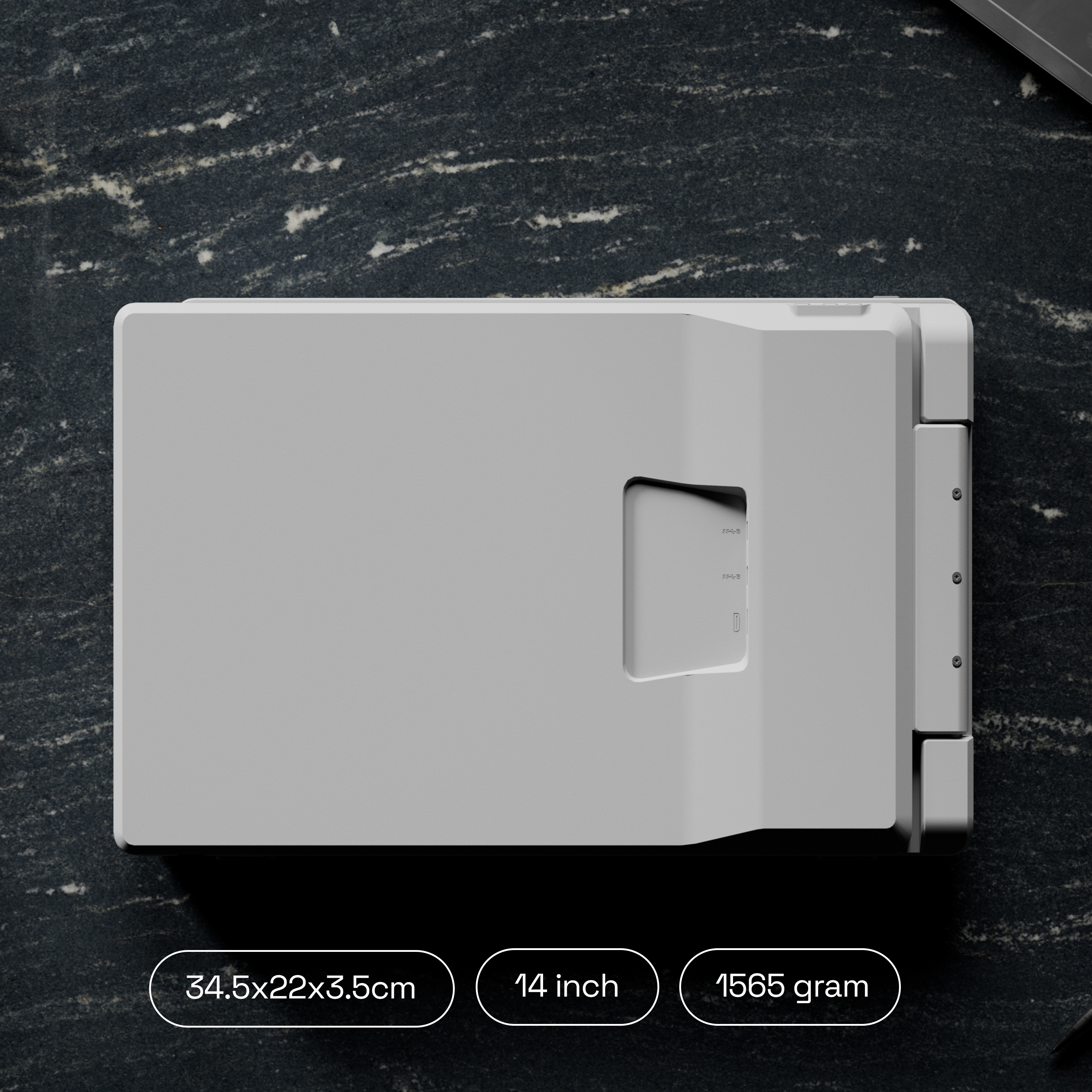 Gray rectangular device on dark marble, dimensions 34.5x22x3.5cm, 14 inch, 1565g.