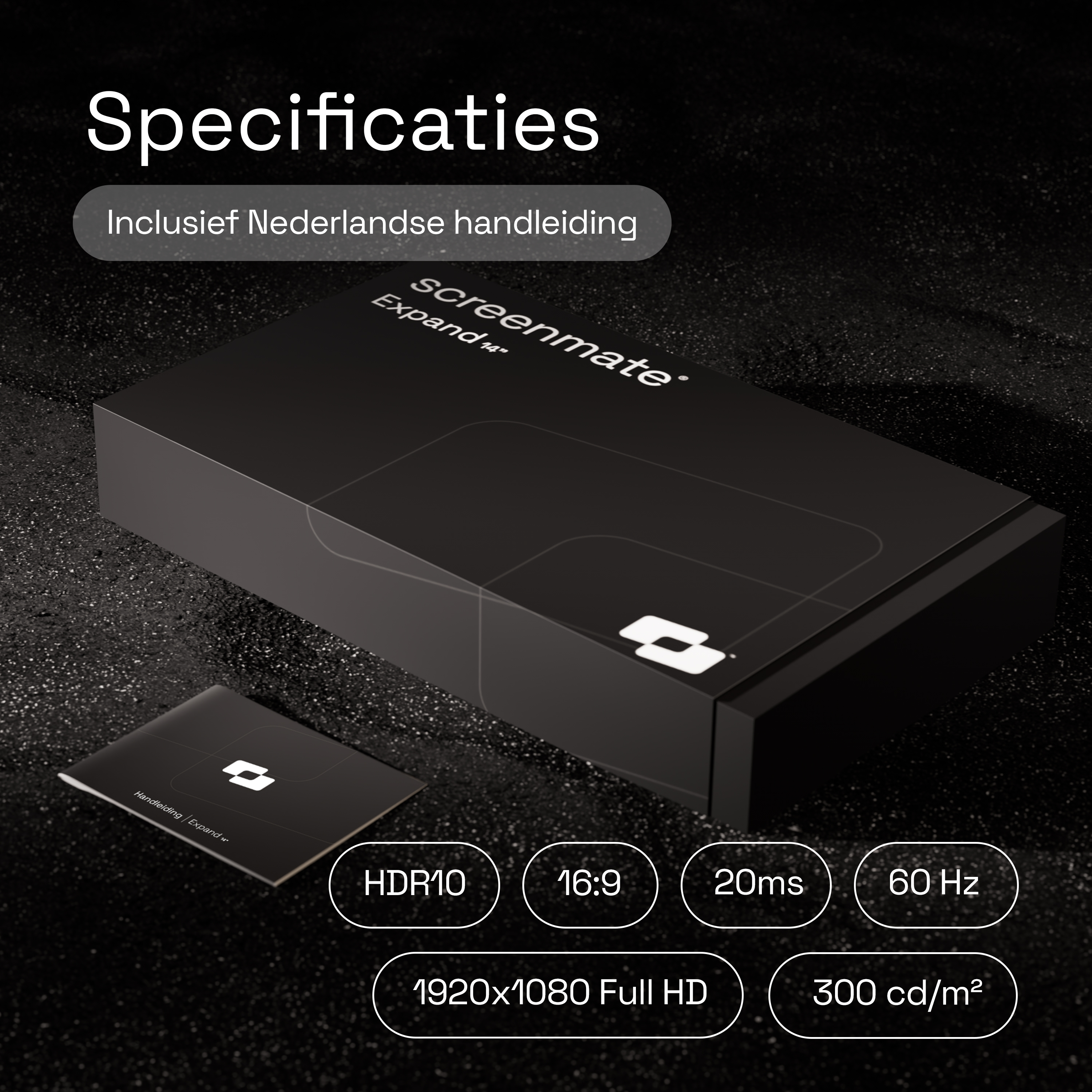 Specificaties: Zwarte doos met handleiding. Kenmerken: HDR10, 16:9, 20ms, 60Hz, 1920x1080.