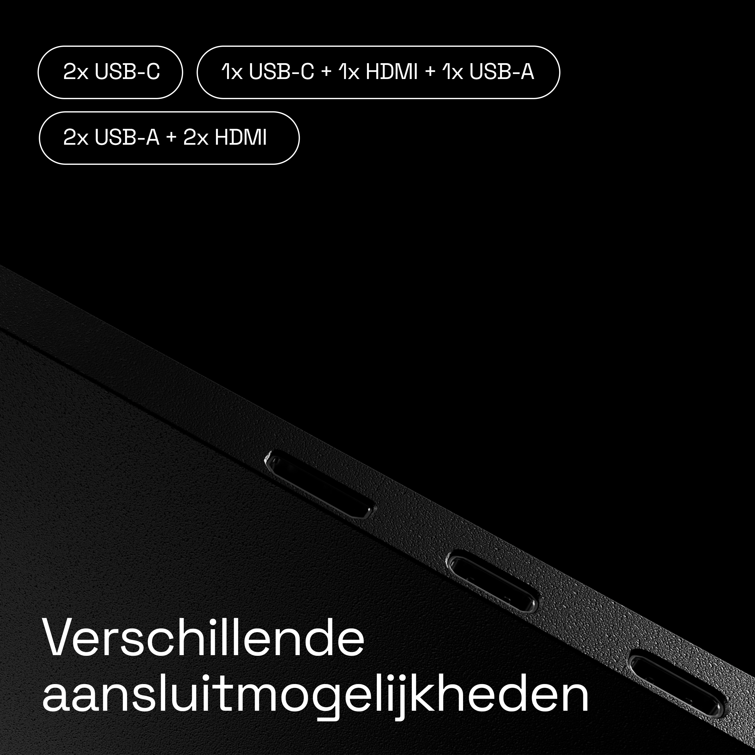 Diverse aansluitingen: 2x USB-C, 1x USB-C, 1x HDMI, 1x USB-A, 2x USB-A, 2x HDMI.