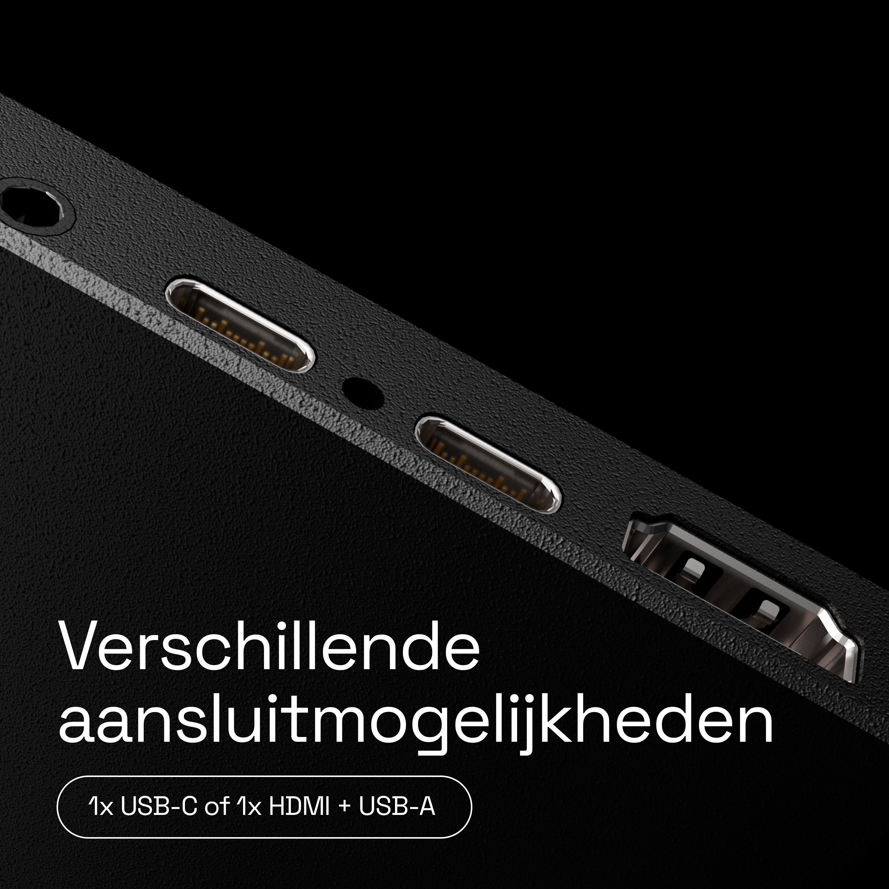 Close-up van poorten: USB-C, HDMI en USB-A.