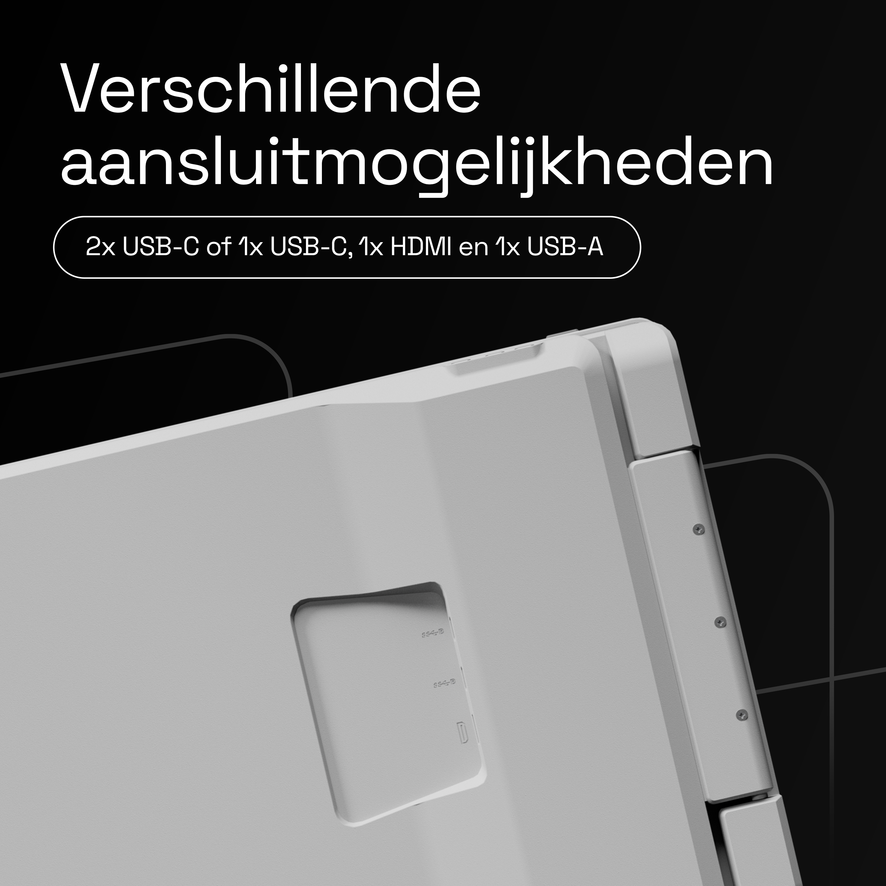 A gray device with various ports. Text mentions USB-C, HDMI, USB-A.
