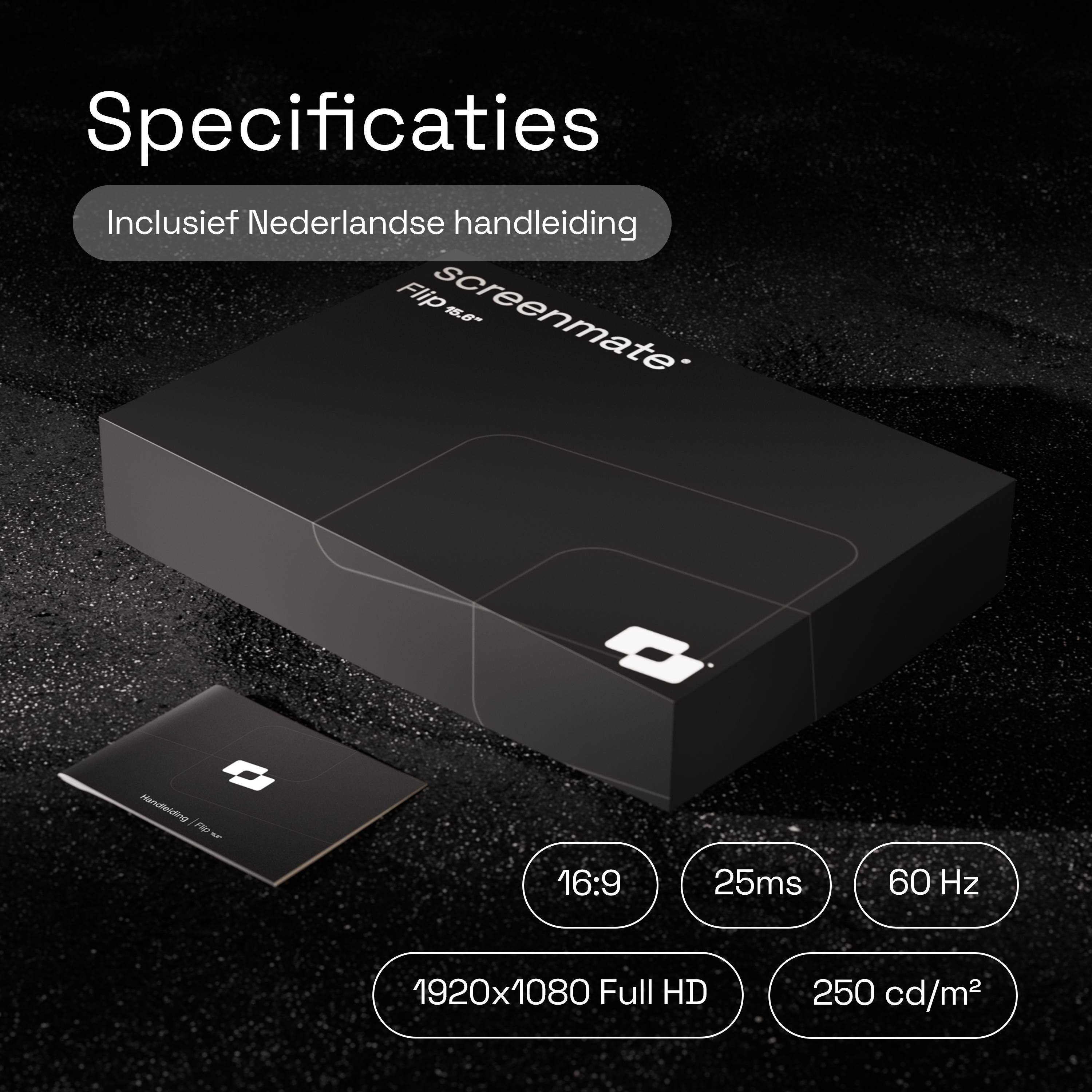 Specifications: Screenmate Flip 15.6", 16:9, 25ms, 60Hz, Full HD.