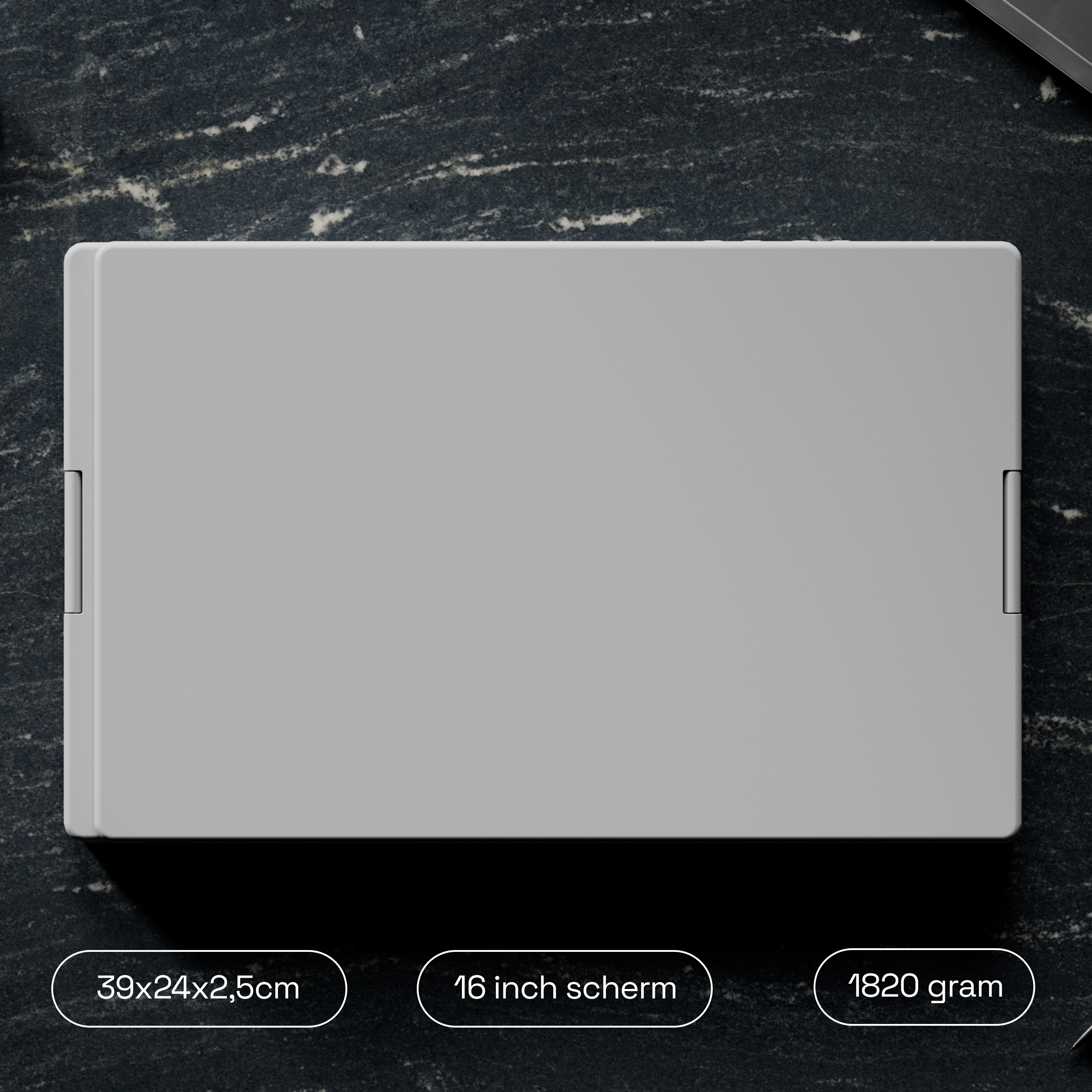 Gray laptop case on dark stone surface, 39x24x2.5cm, 16 inch screen.