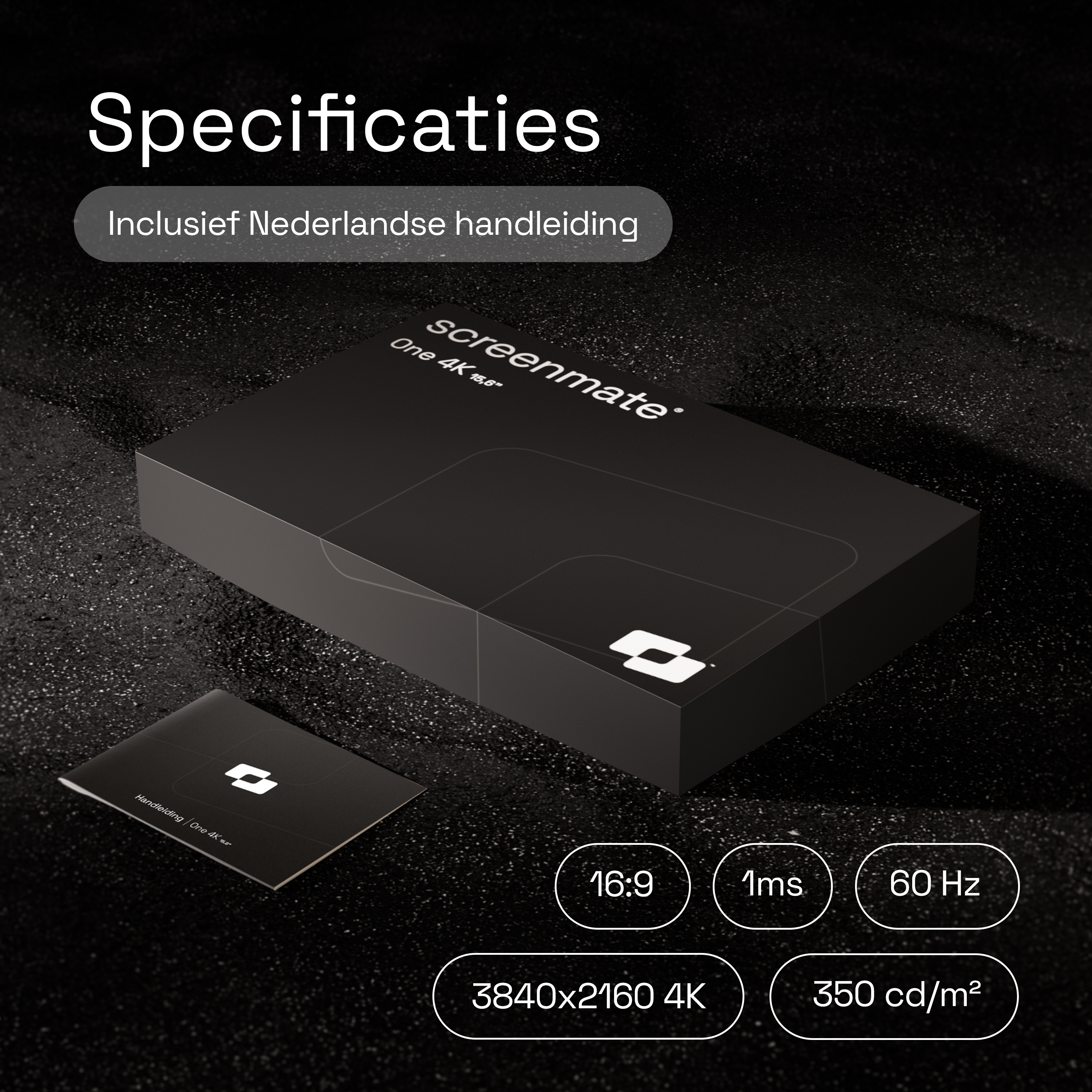 Verpakking met specificaties: 16:9, 1ms, 60Hz, 4K, 350 cd/m².