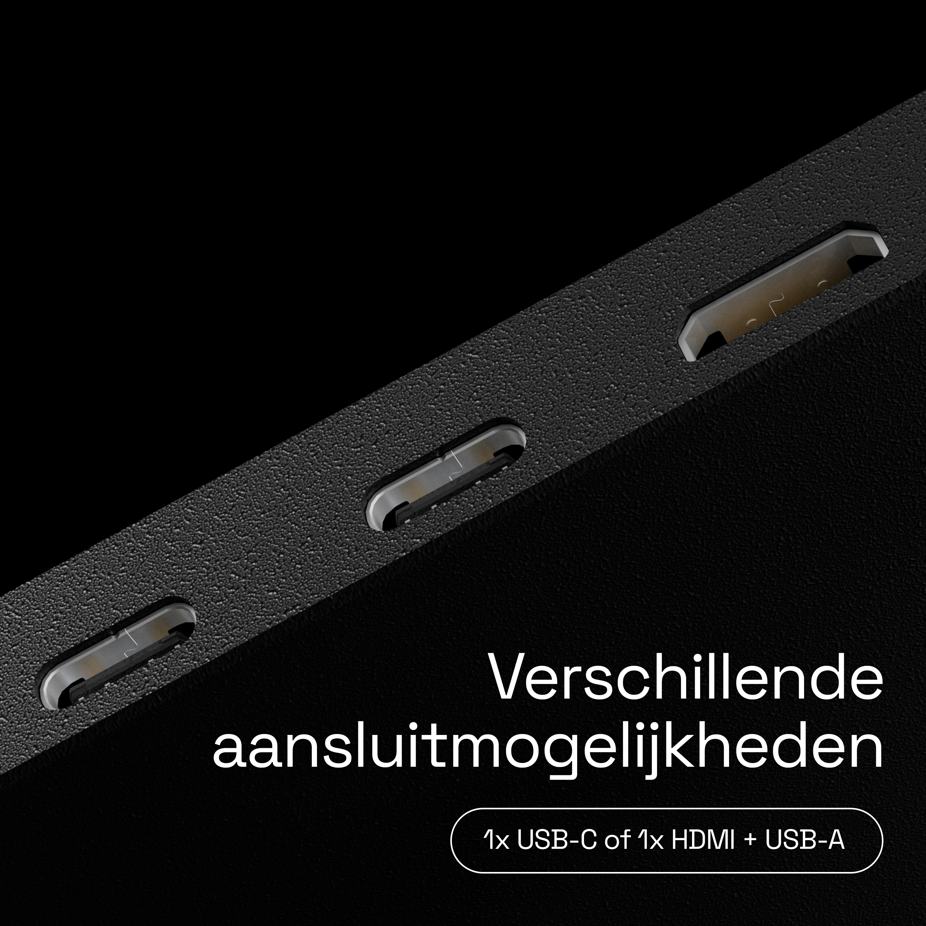 Three ports on a black device: USB-C or HDMI/USB-A.