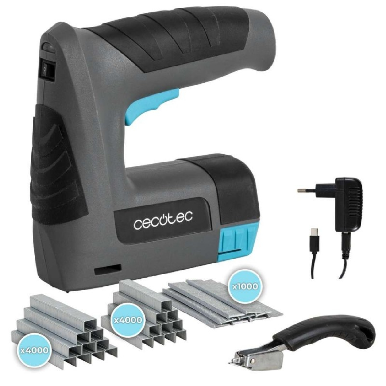 Una graffatrice Cecotec grigia con grilletto blu, accessori e adattatori.