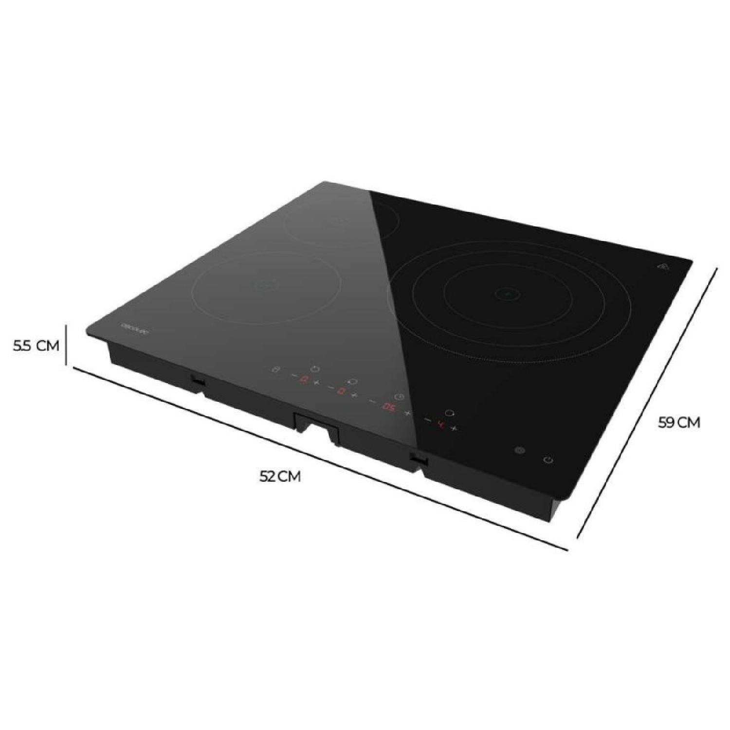 Placa de inducción negra con controles táctiles e indicadores de zona.