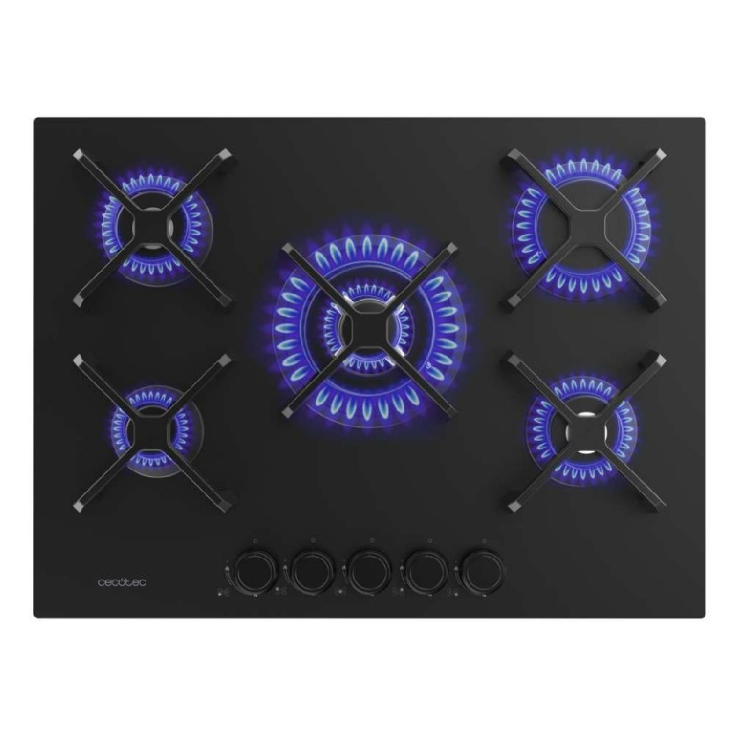 Piano cottura a gas nero con cinque fuochi, quattro dei quali illuminati di blu.