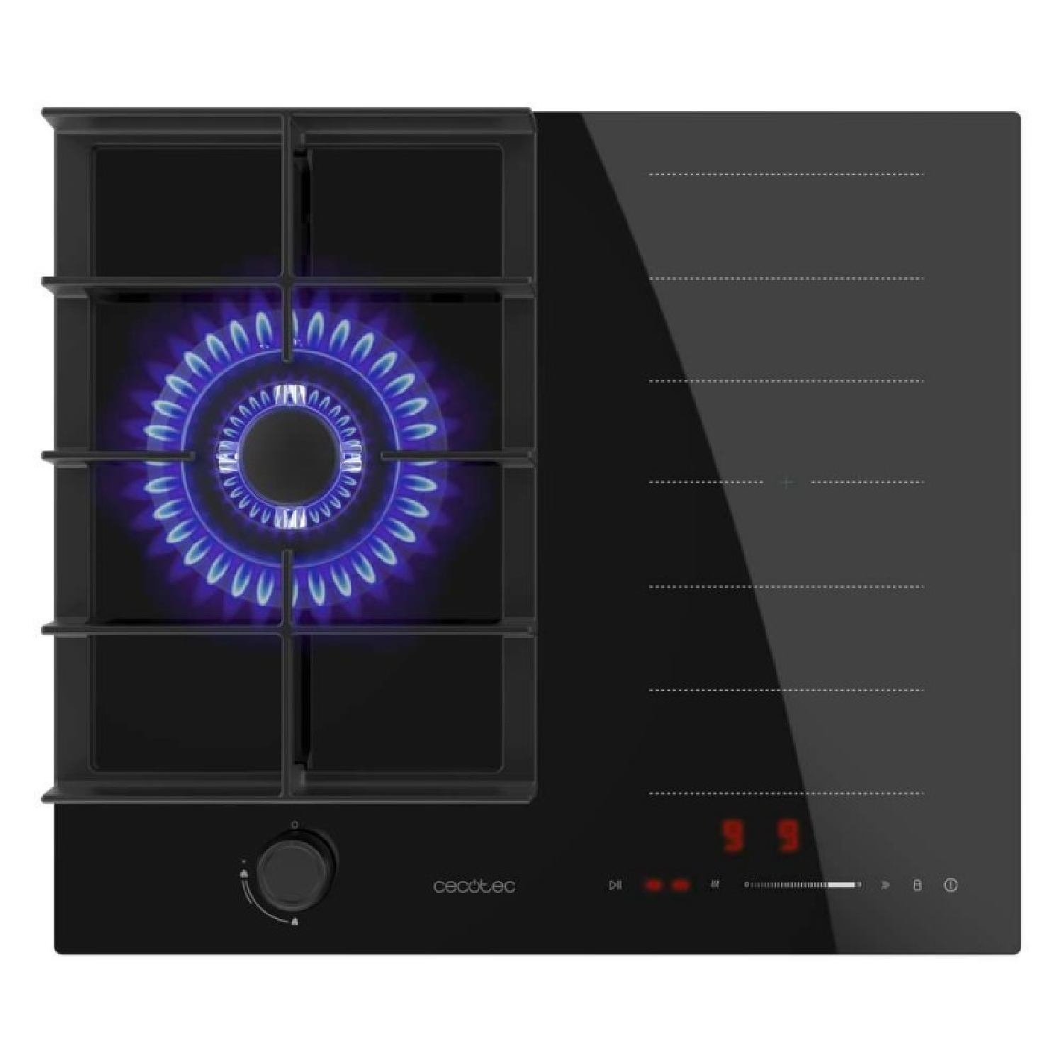 Un quemador de gas con llama azul junto a una placa de inducción con pantallas digitales.