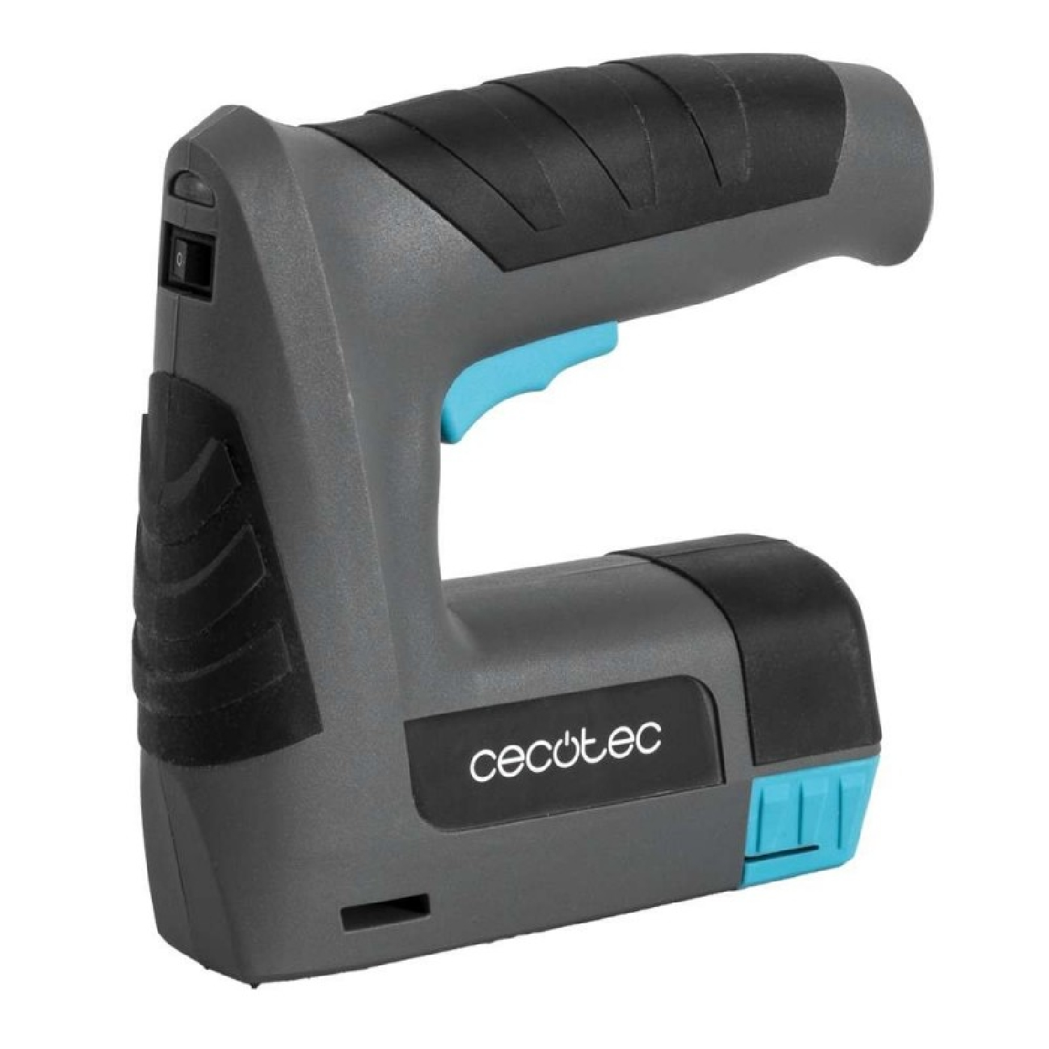 Un elettroutensile grigio e nero con grilletto e logo blu.