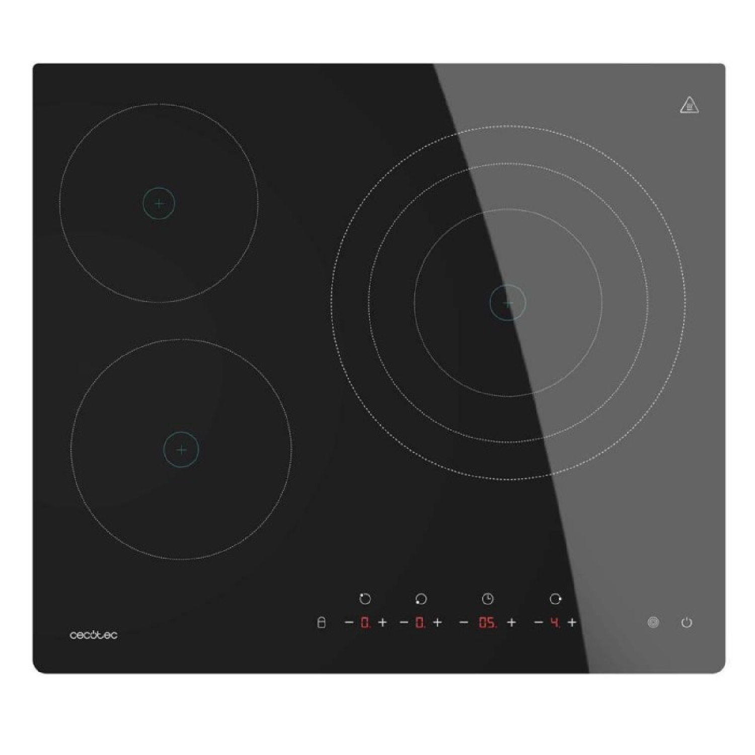 Placa de inducción negra con tres zonas de cocción y controles táctiles.