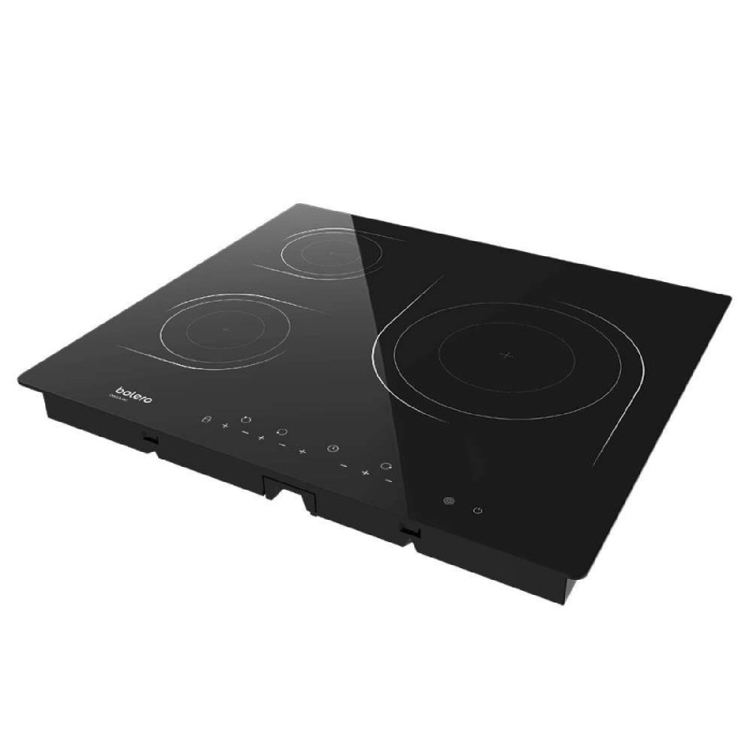 Placa de inducción de cristal negro con tres zonas de cocción y controles táctiles.