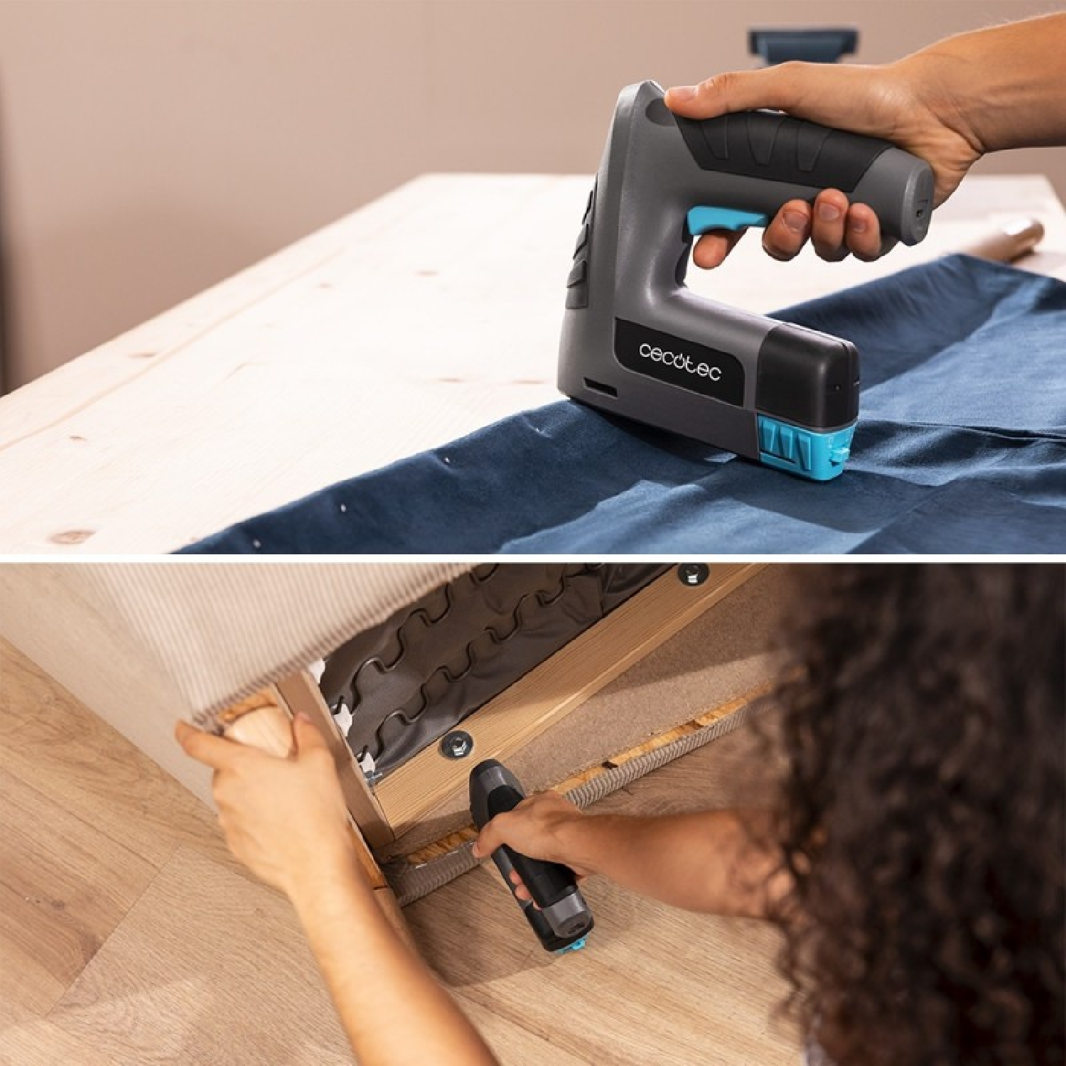 Una persona usa una sparapunti cordless su tessuto blu e ripara un telaio in legno.