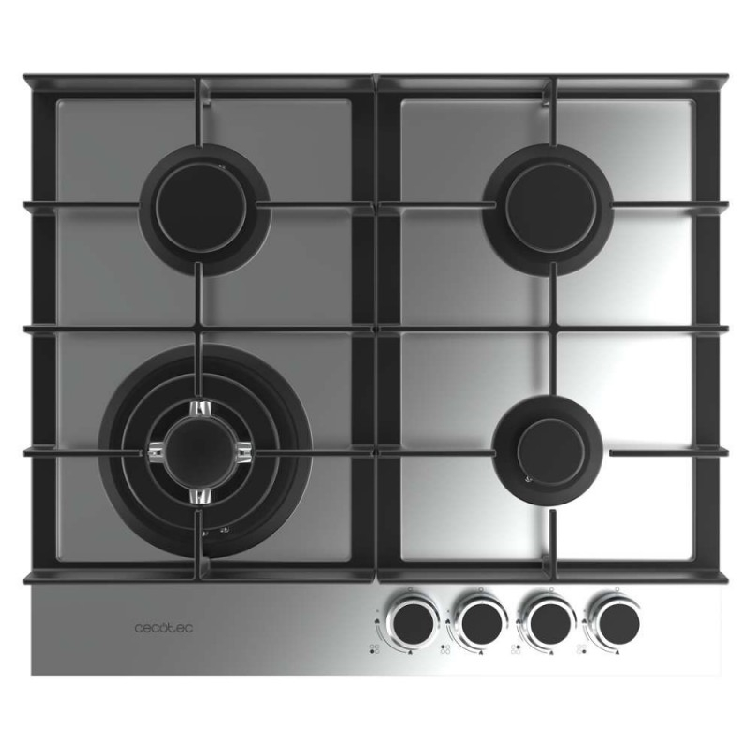 Un piano cottura a gas in acciaio inox con quattro fuochi neri e manopole.