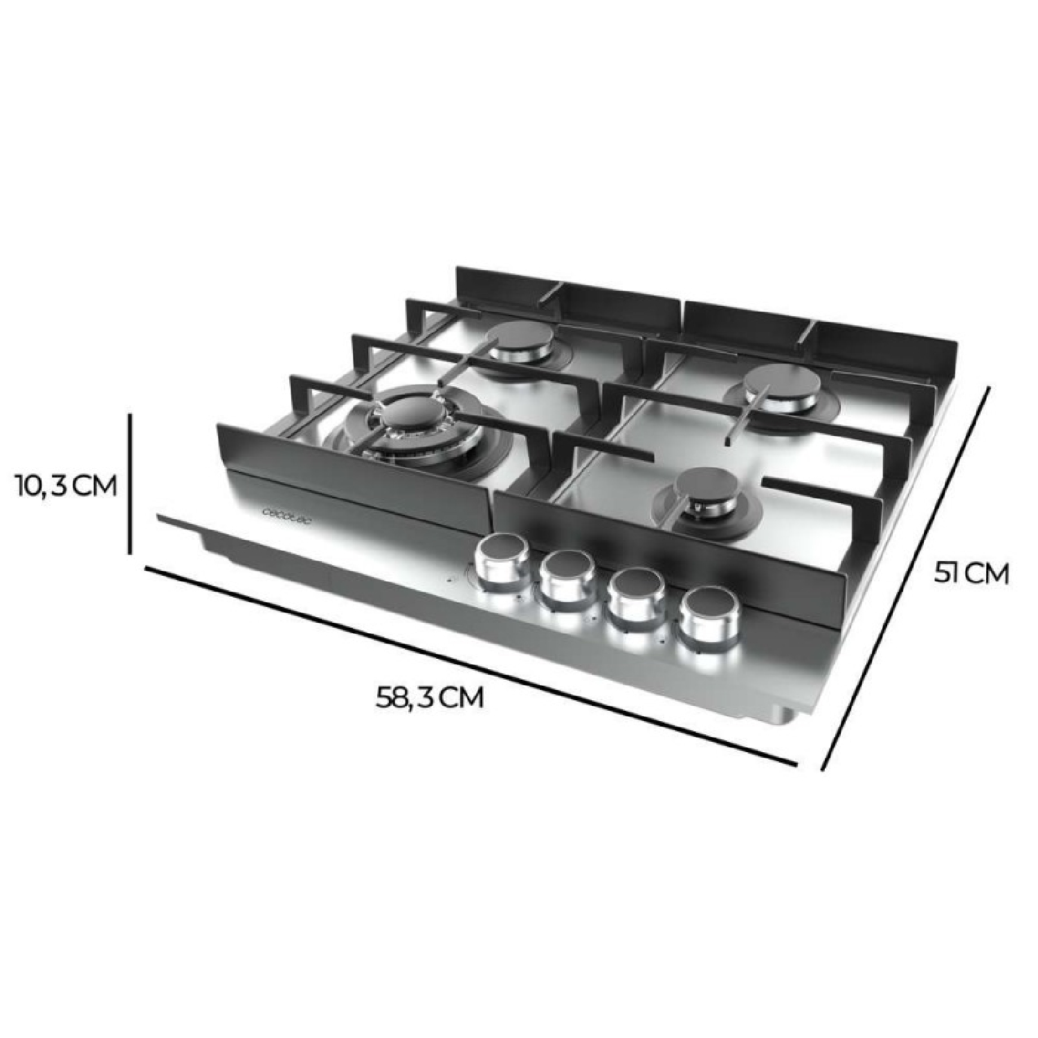 Un piano cottura a gas in acciaio inox con quattro bruciatori e manopole. Dimensioni mostrate.