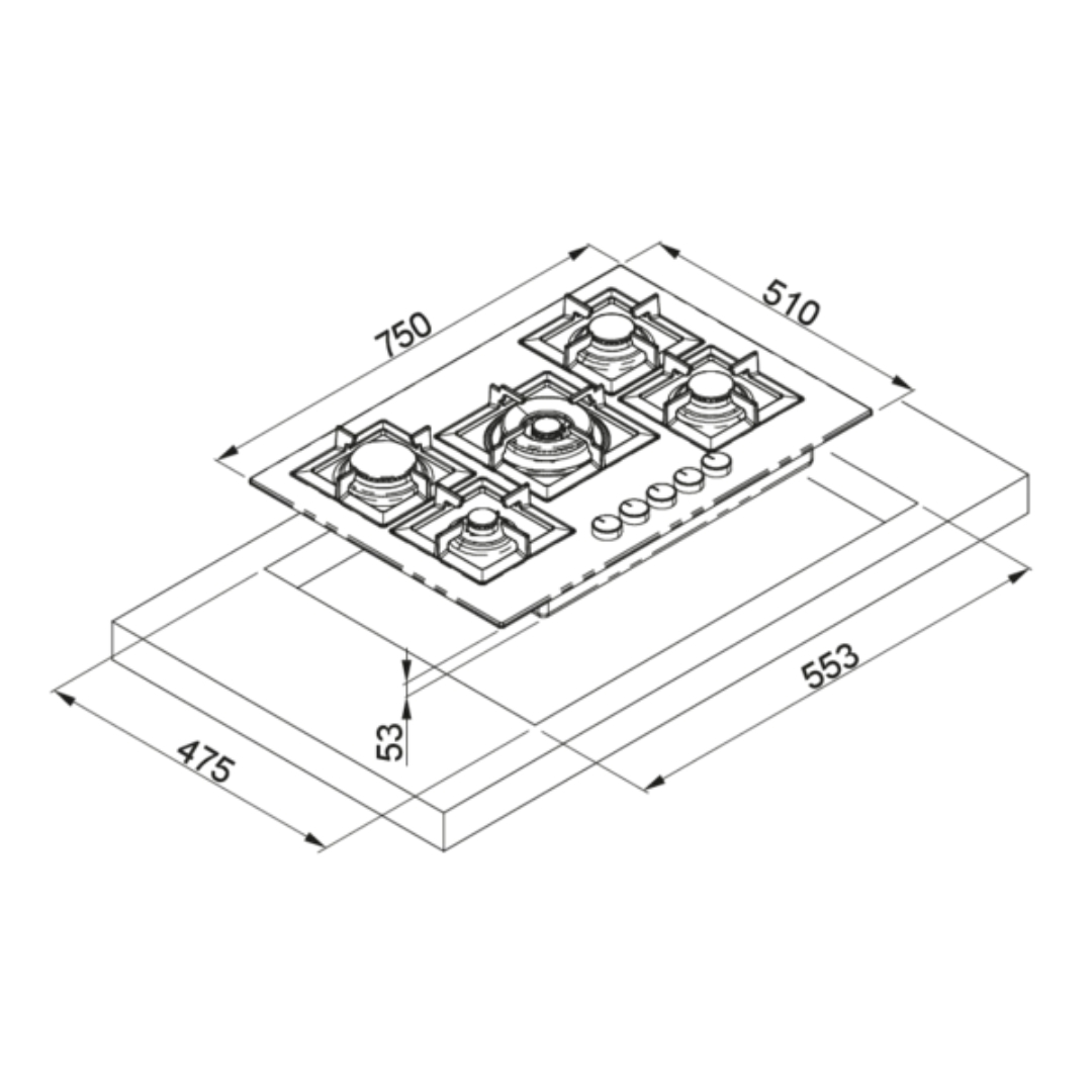 Disegno tecnico di un piano cottura a gas a cinque fuochi con dimensioni.