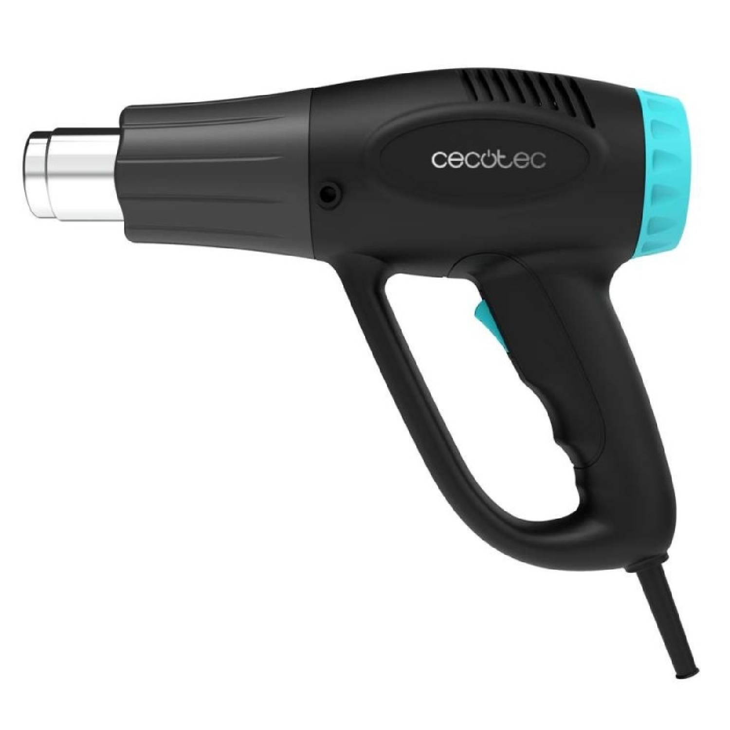 Pistola termica nera con accento blu e ugello argentato.