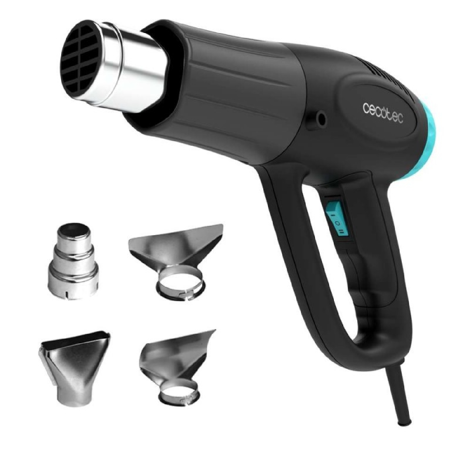 Pistola termica nera con accento blu e quattro ugelli su sfondo bianco.