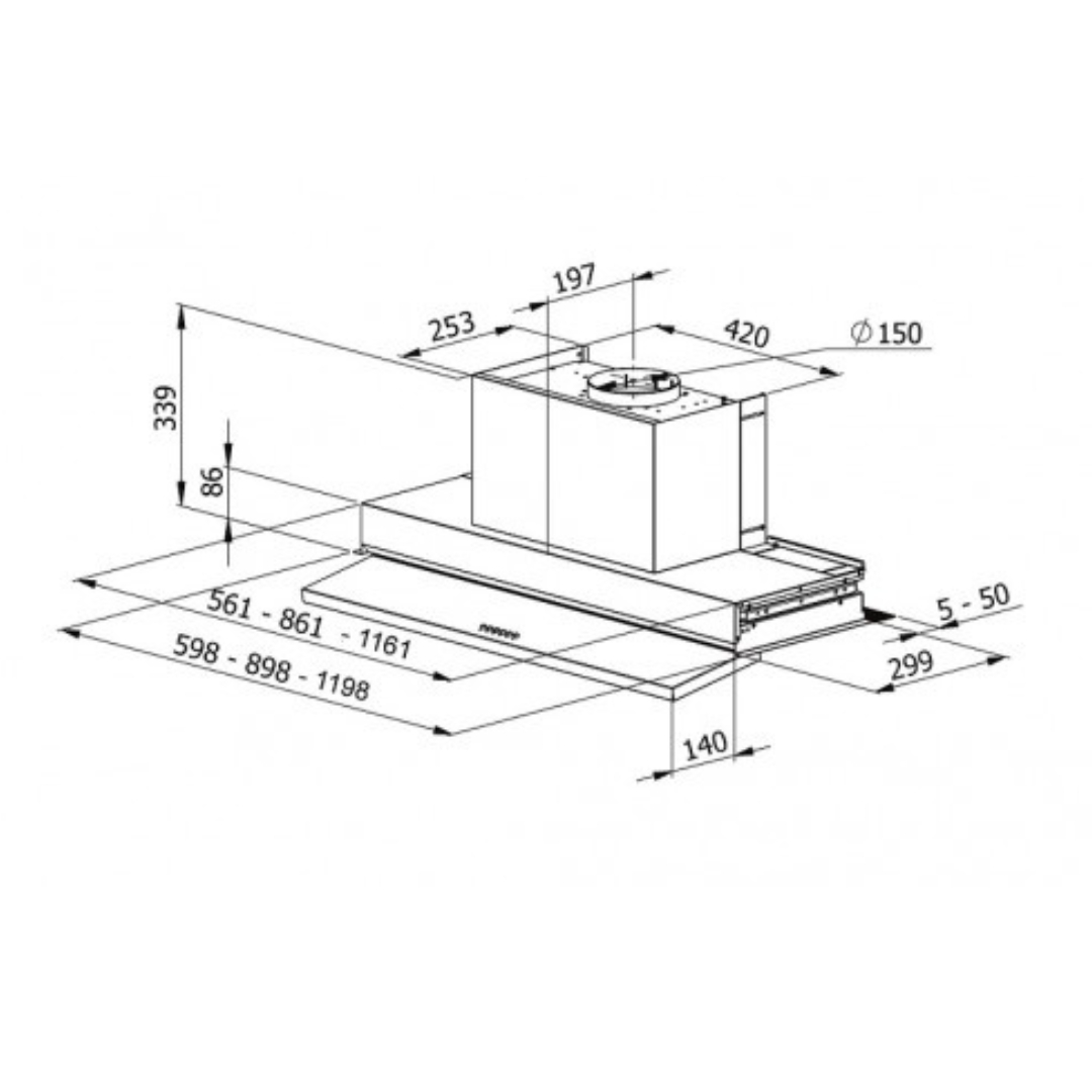 Disegno tecnico di una cappa da cucina con dimensioni.