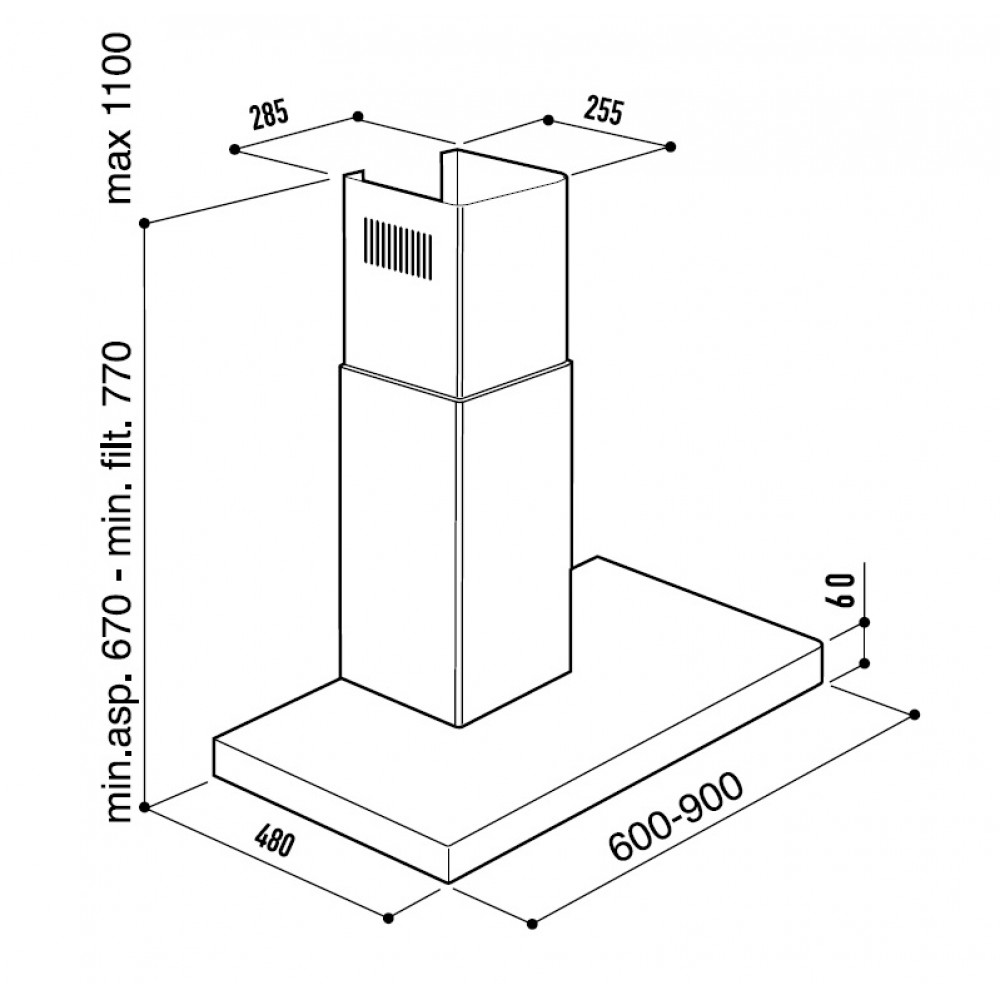 Disegno tecnico di una cappa aspirante con dimensioni.