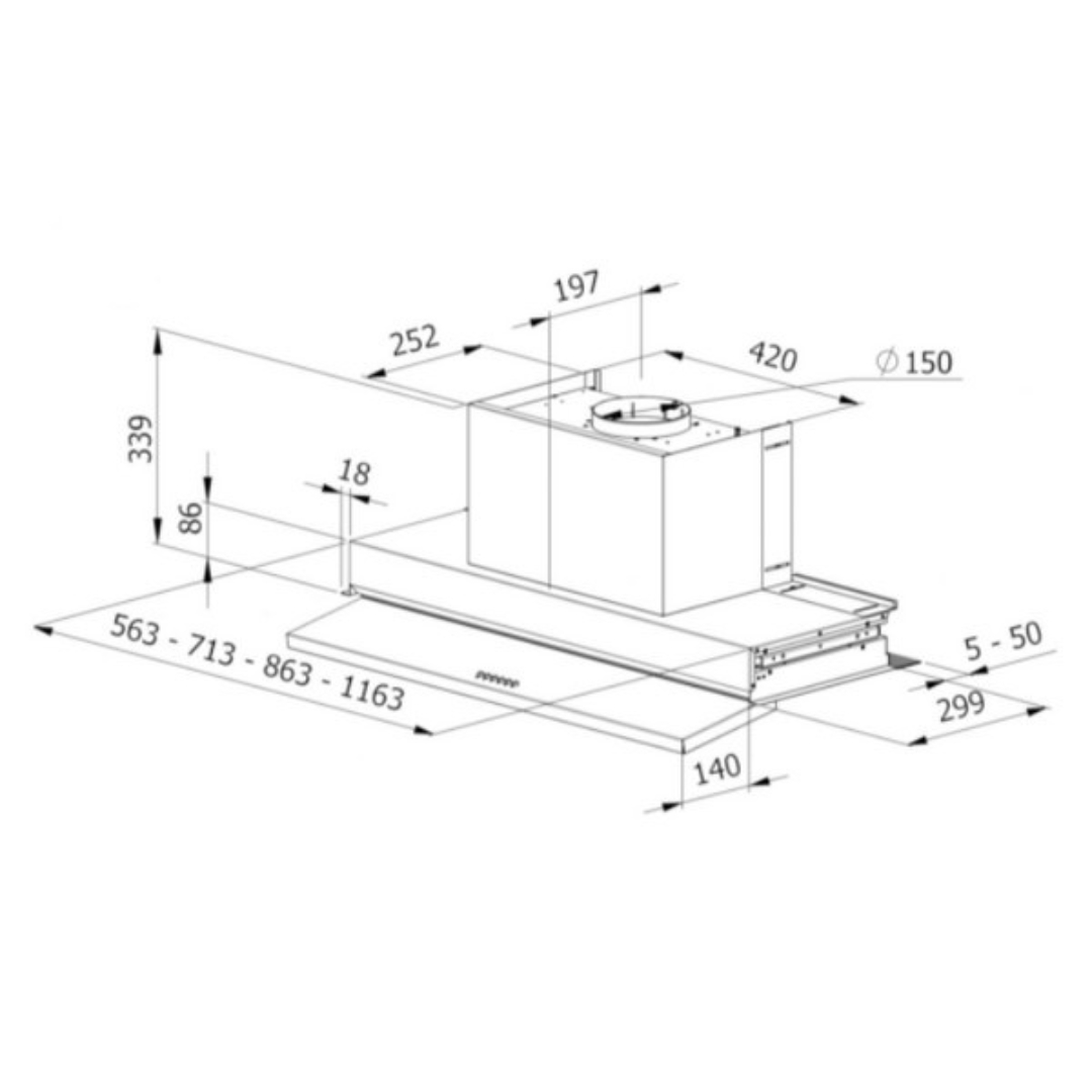 Disegno tecnico di una cappa da cucina con dimensioni.