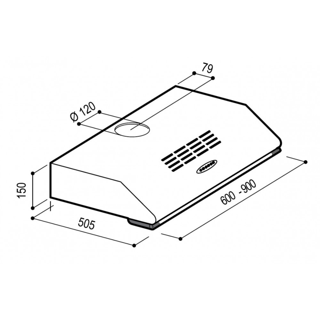 Disegno tecnico di una cappa da cucina con dimensioni.