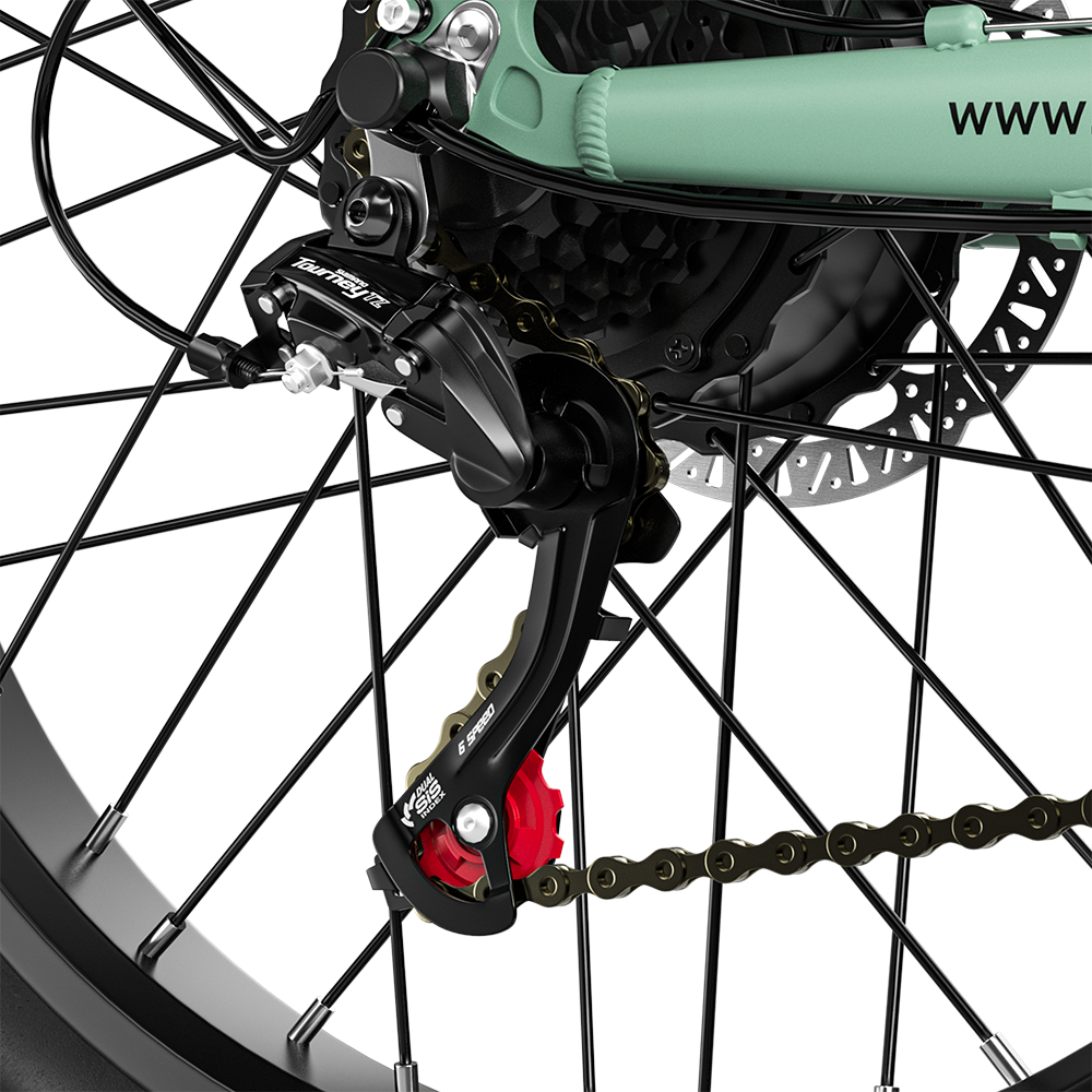 Primer plano del desviador de bicicleta con cadena y radios.
