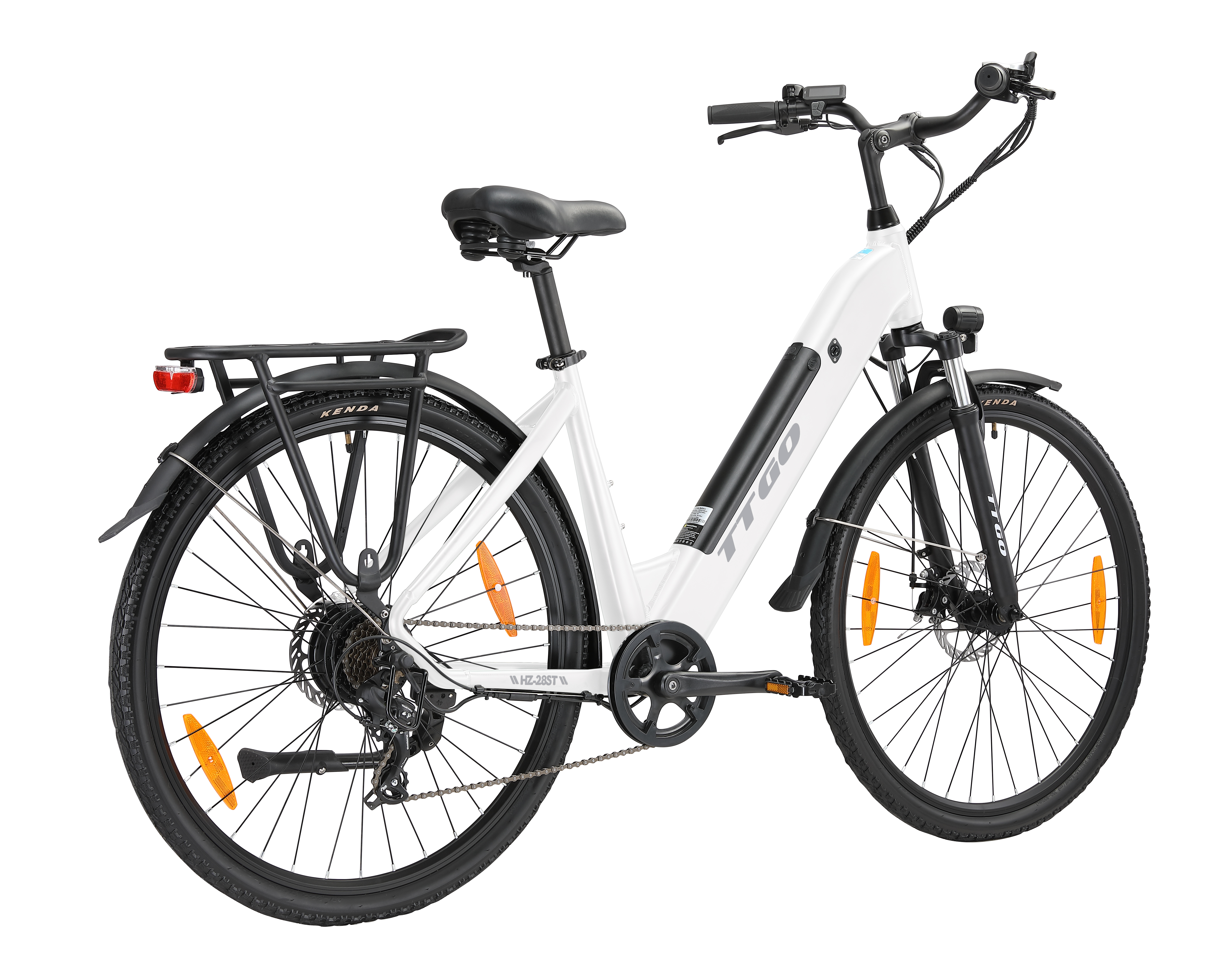 Ein weißes E-Bike mit schwarzem Gepäckträger, Sattel und Reifen.