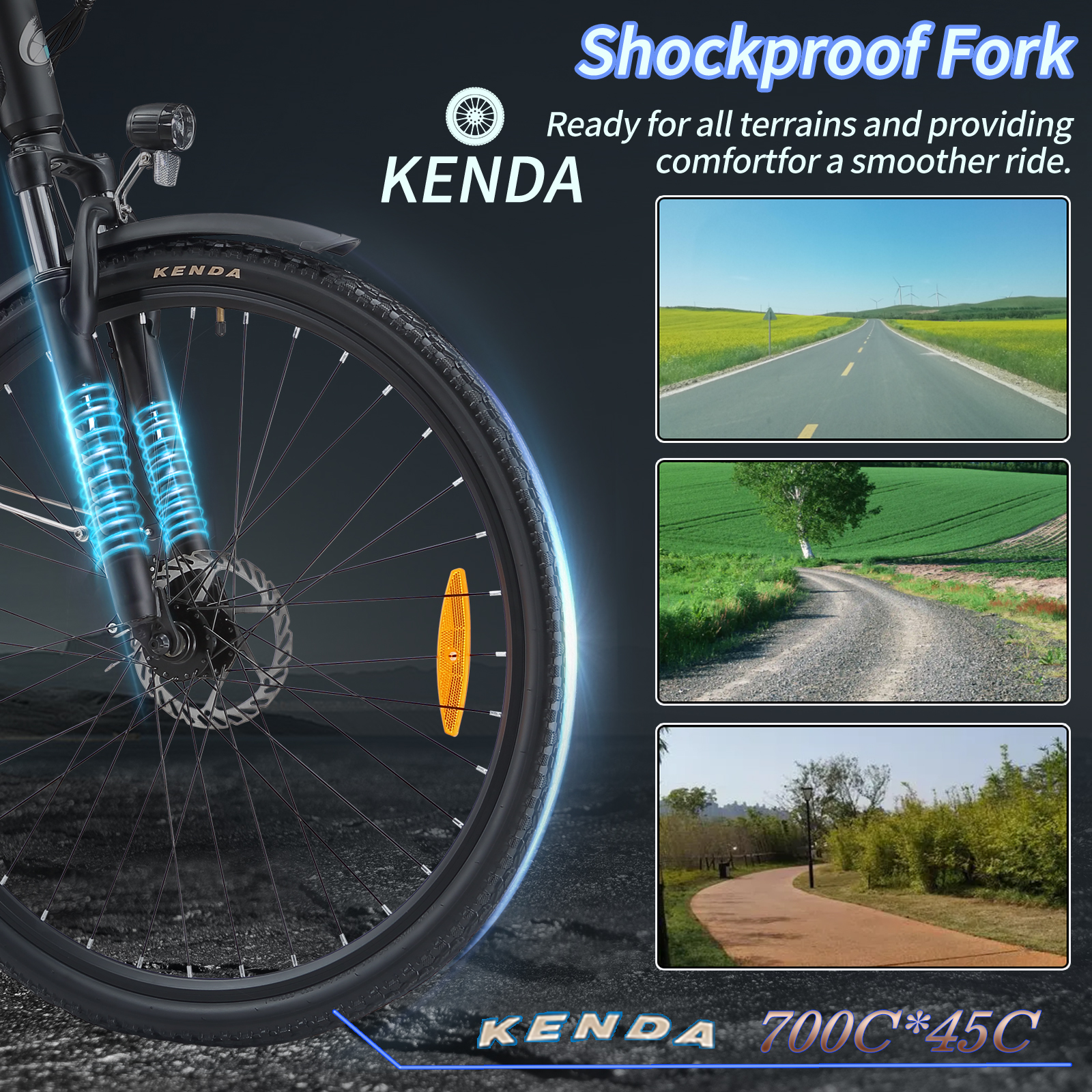 Fahrradgabel mit Stoßdämpfern, Reifen und drei Landschaftsbildern.