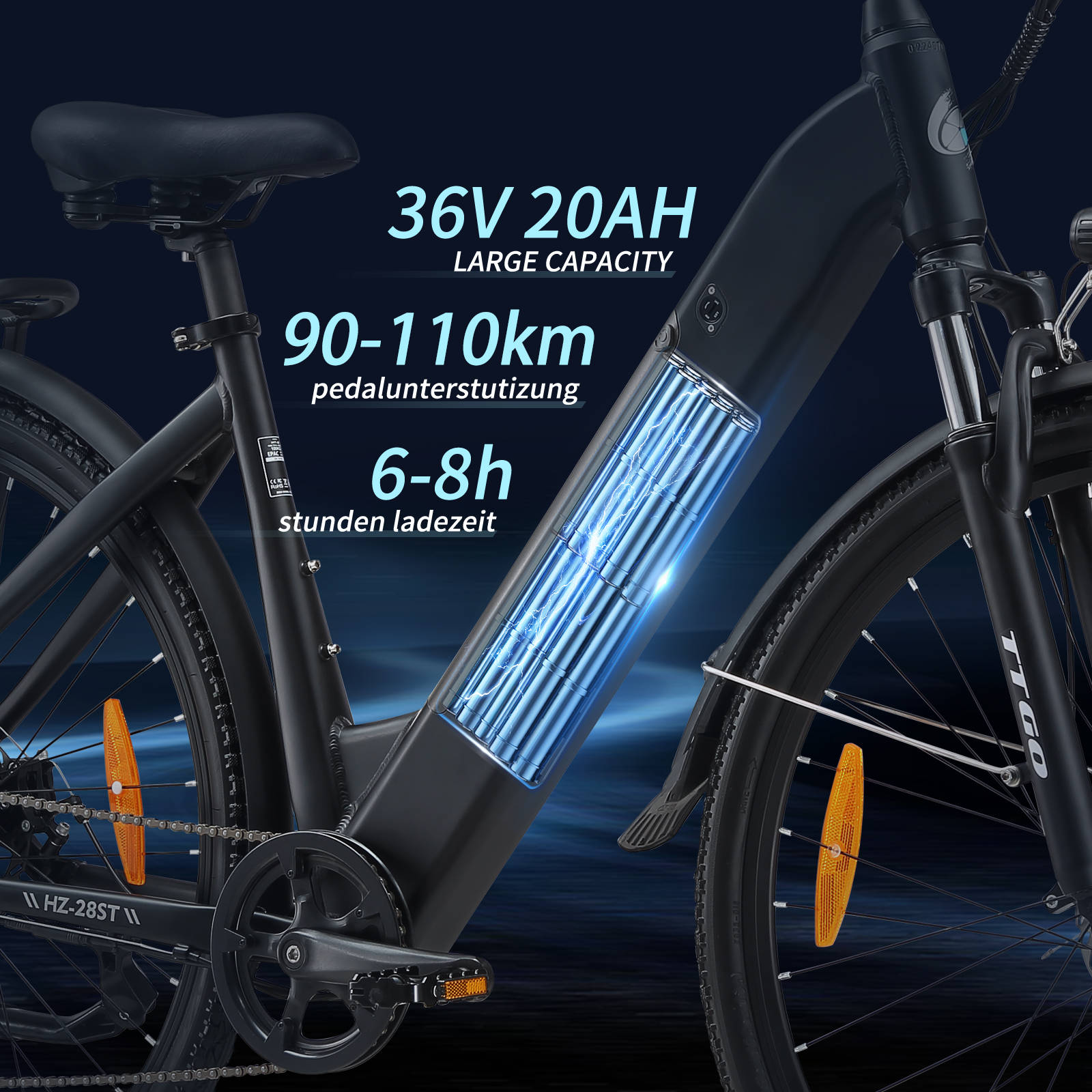 Schwarzes E-Bike mit 36V 20AH Akku, 90-110km Reichweite, 6-8h Ladezeit.