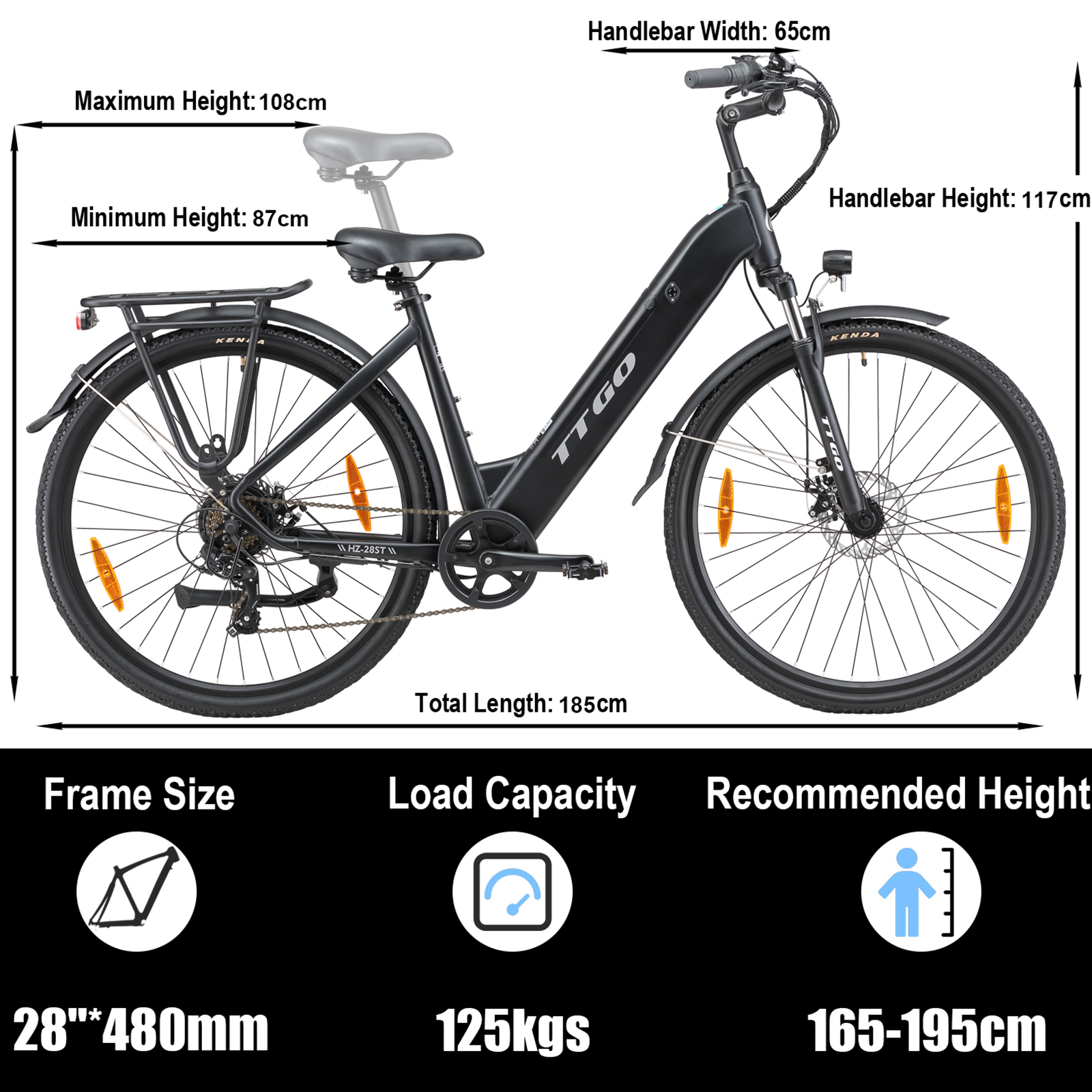 Ein schwarzes TTGO E-Bike mit detaillierten Maßen: Länge 185cm, Höhe 108cm.