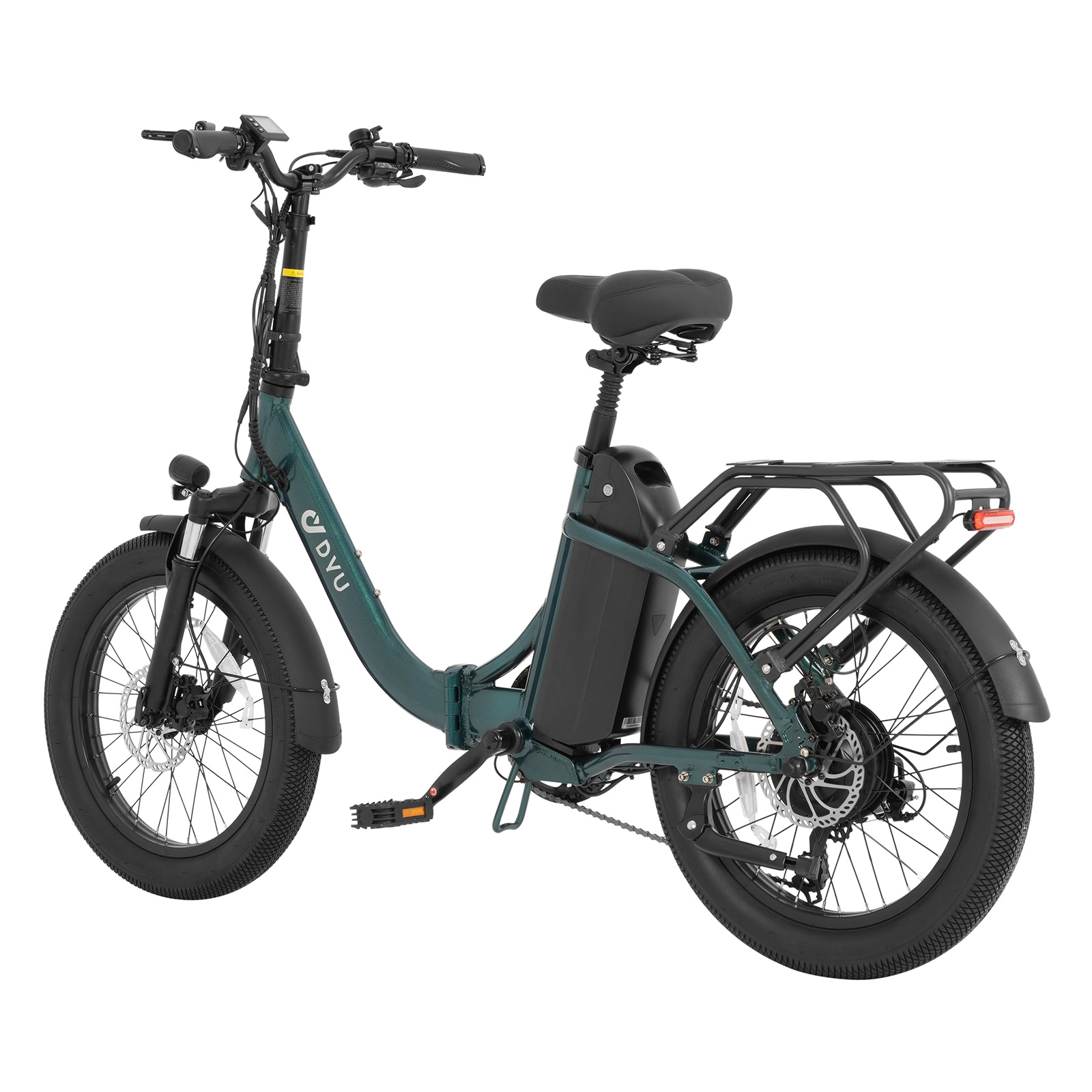 Dunkelgrünes Elektrofahrrad mit breiten Reifen, Gepäckträger und Akku.