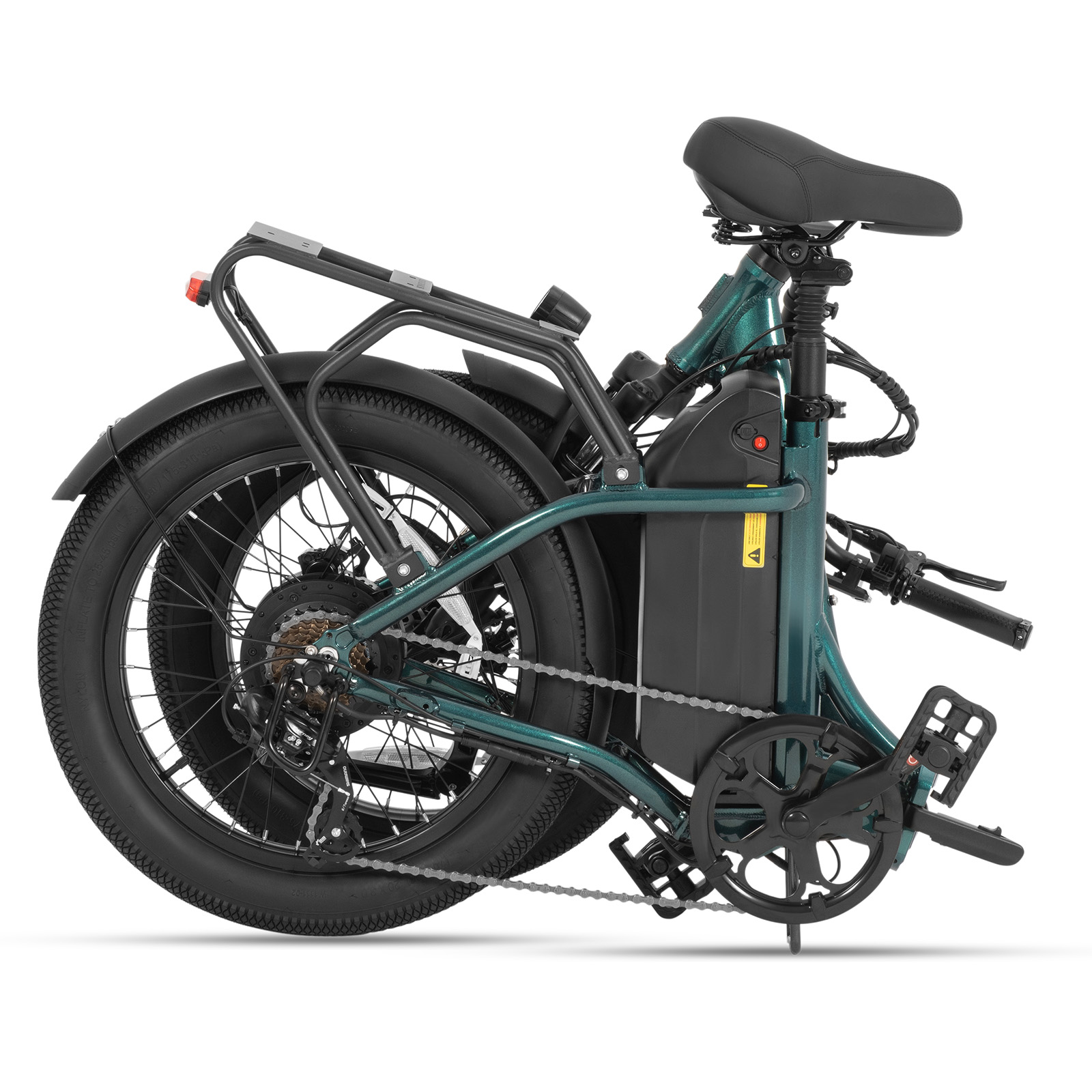 Grünes faltbares E-Bike mit breiten Reifen, Gepäckträger und Akku.