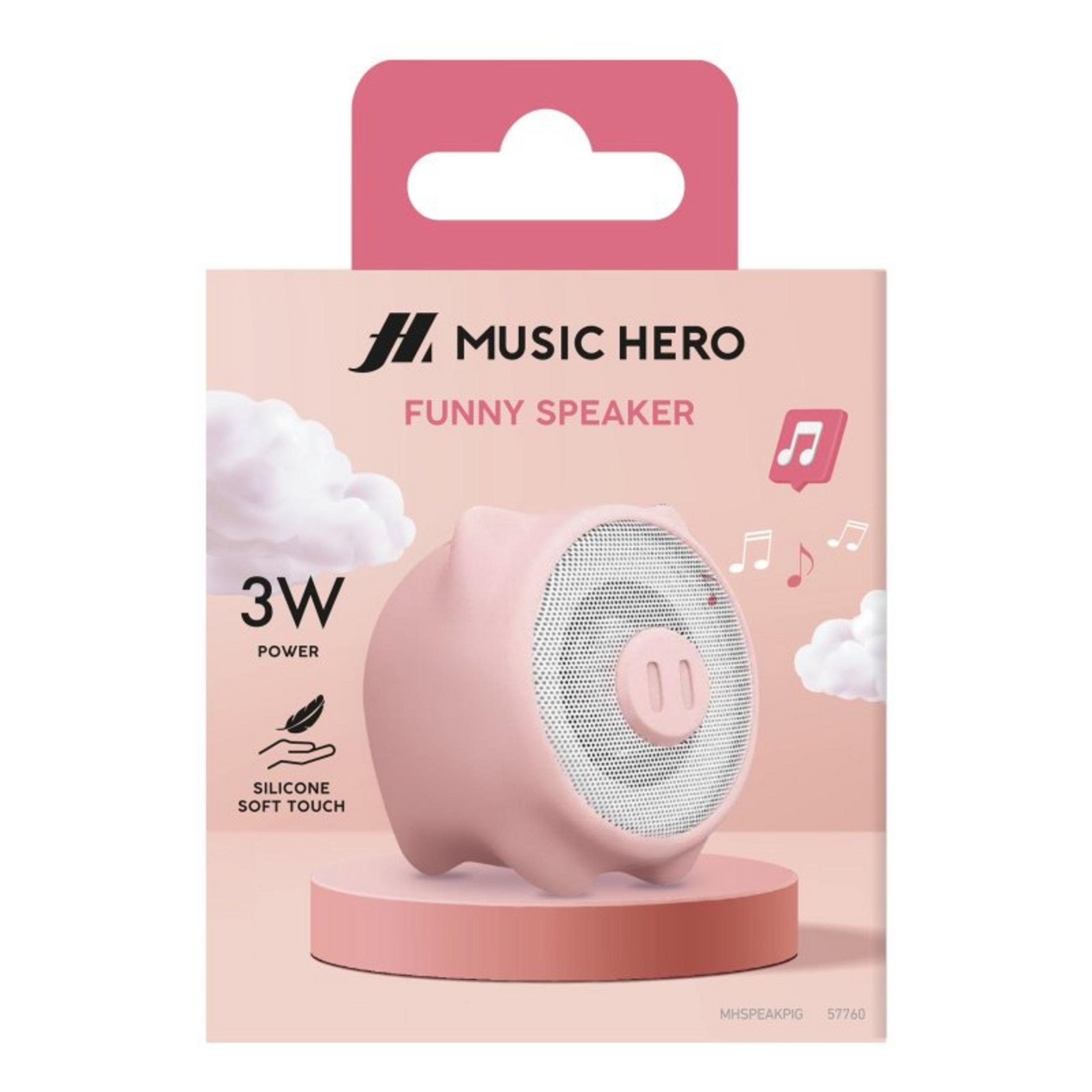 Un altoparlante rosa a forma di maiale con note musicali e nuvole su confezione rosa.